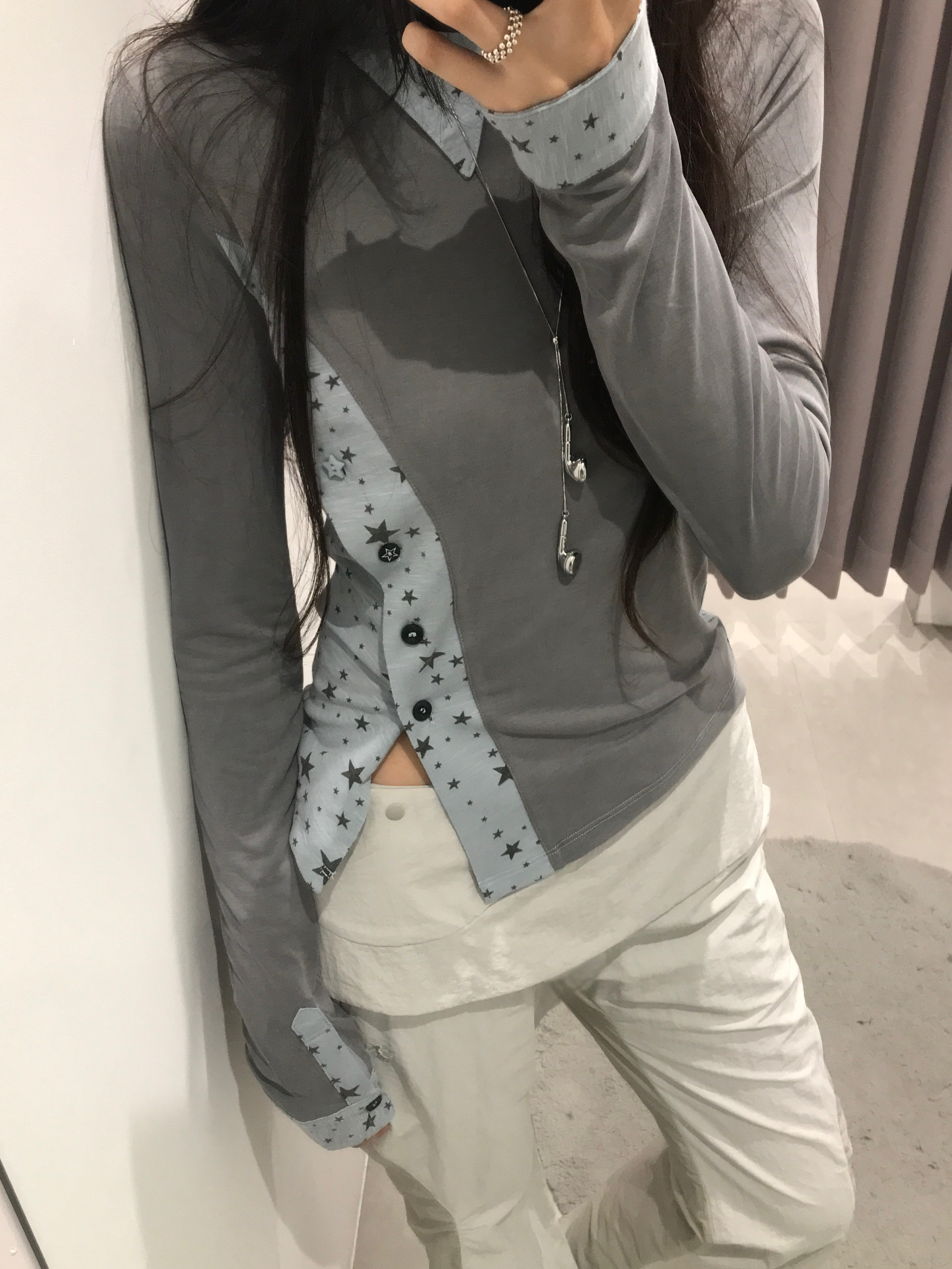 OJOS Starcut Jersey Collar Tee Mint Grey, OJOS Detachable Layered Pocket Pants Grey 착용 스타일