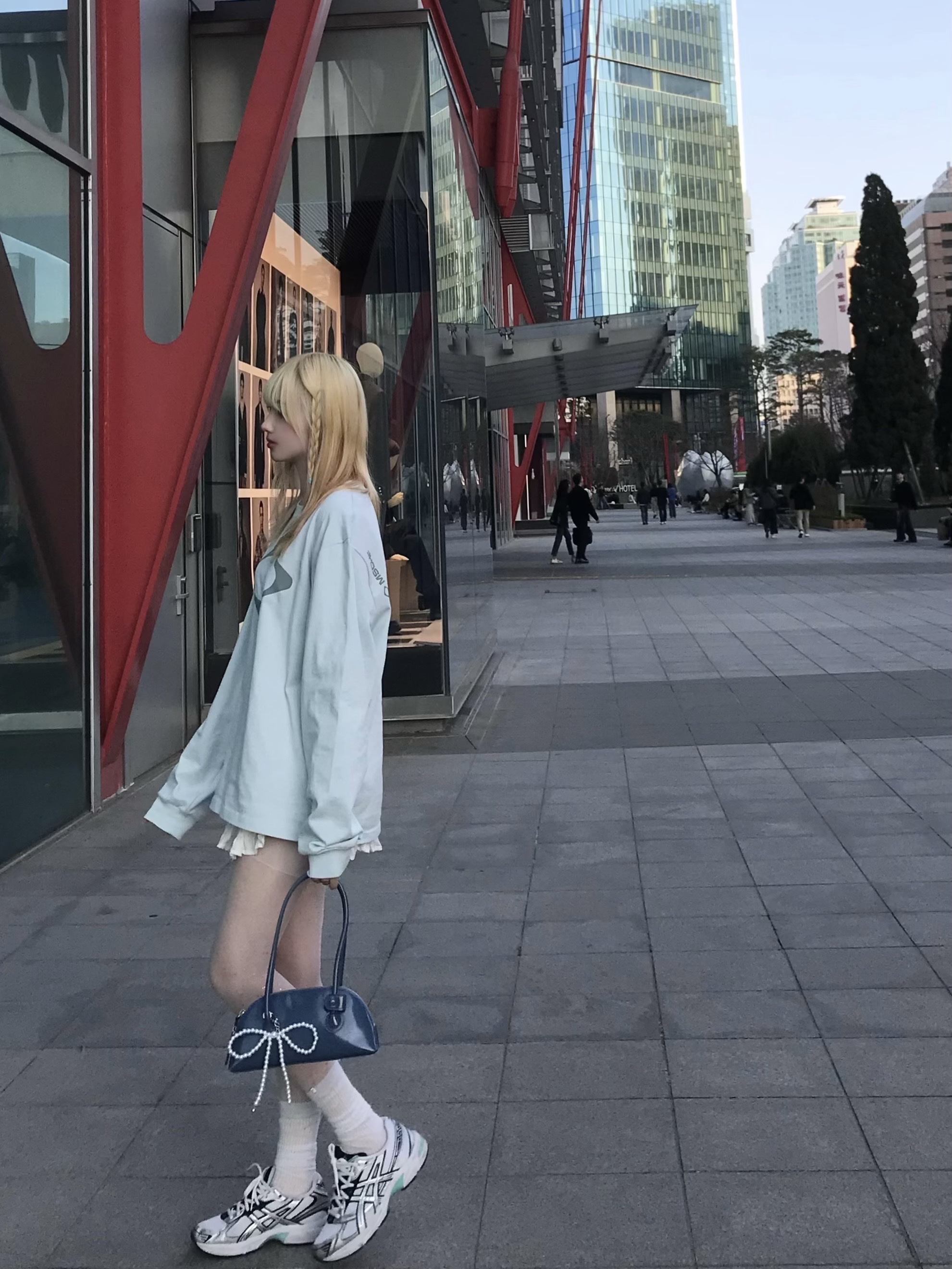 Mischief Rhombus Long Sleeve Sky Blue, Asics Gel-1130 White Pure Silver 착용 스타일 - 5