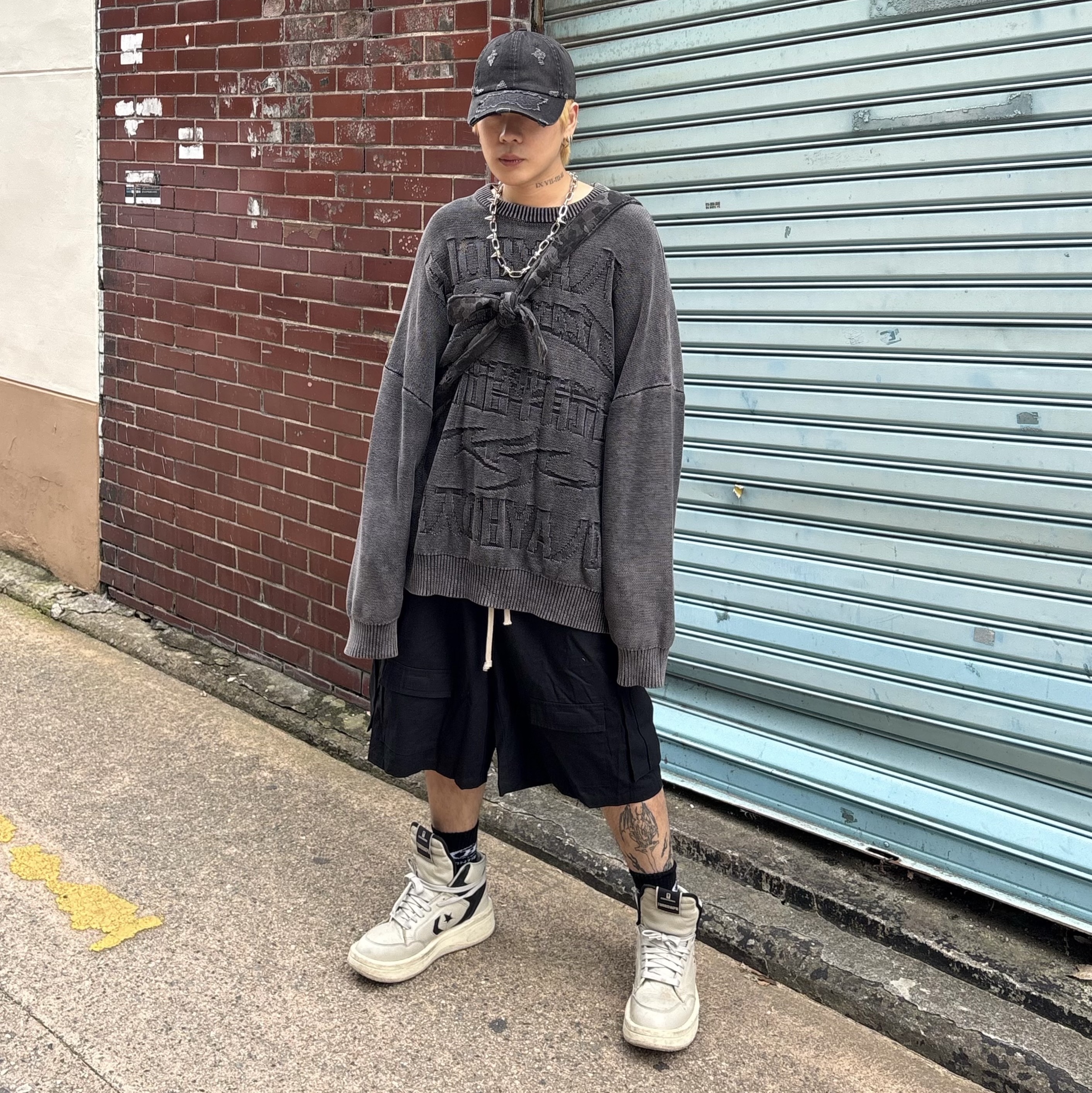 DEFGARMENTS Logo Destroyed Cap Black, Converse x Drkshdw Turbowpn Pelican 착용 스타일 - 1