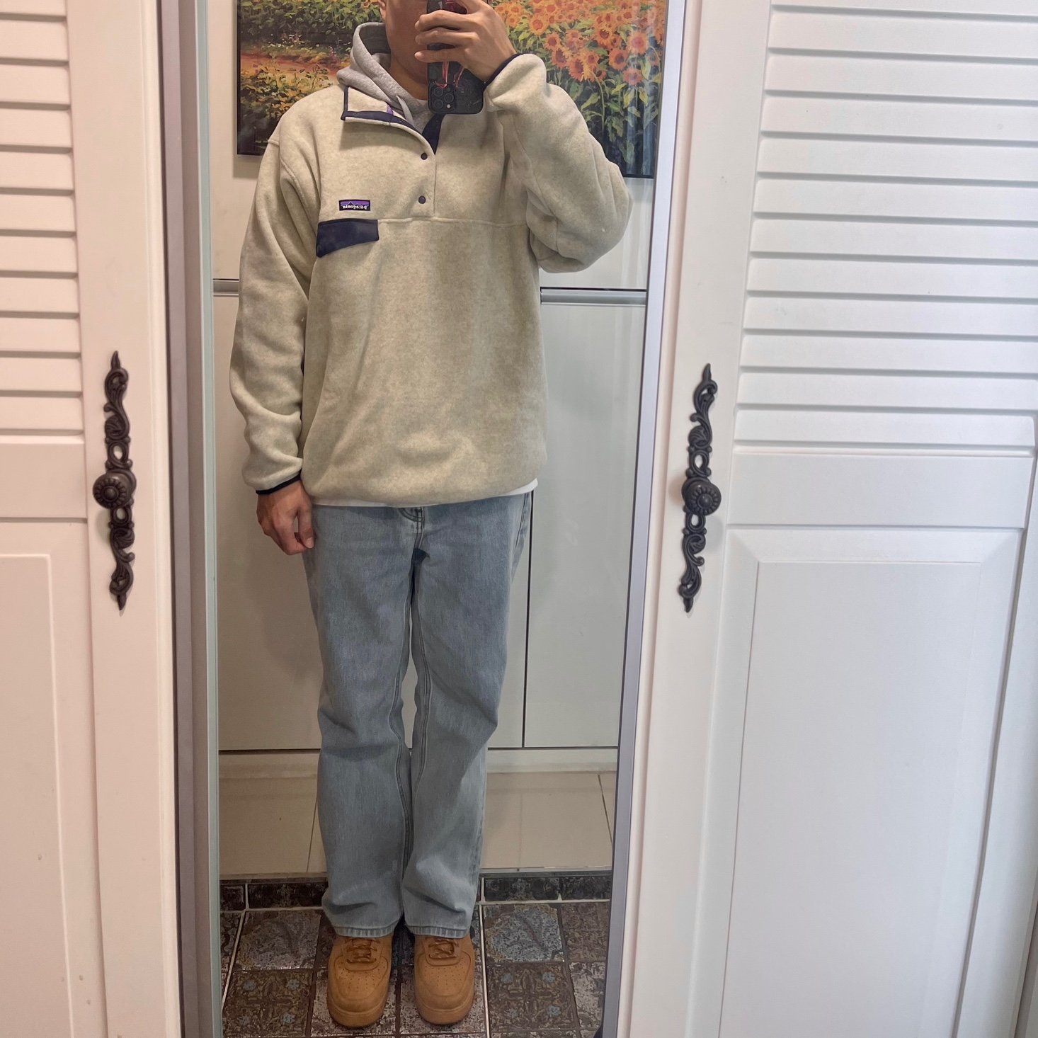 Patagonia Synchilla Snap-T Fleece Pullover Oatmeal Heather 착용 스타일 - 1