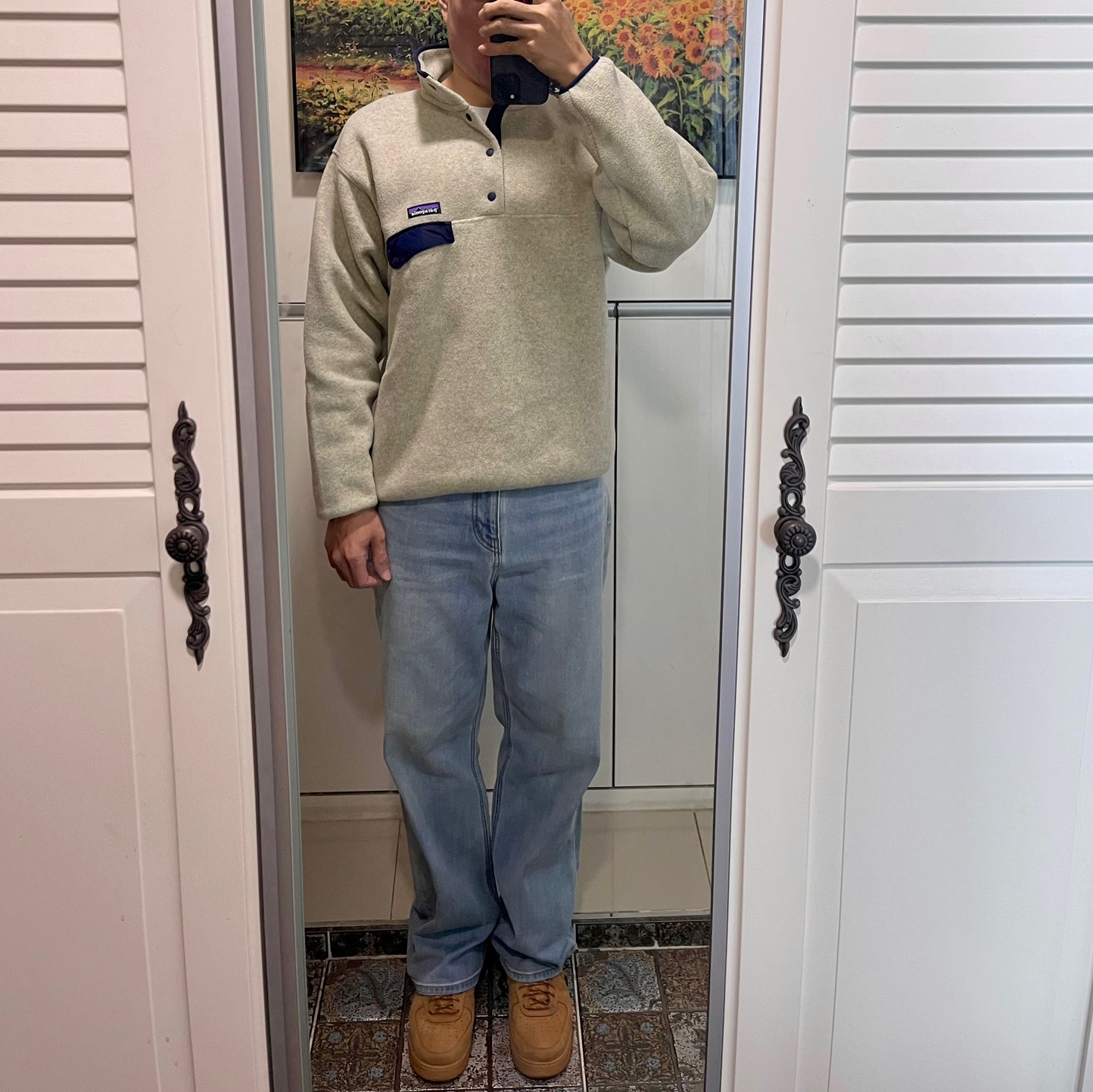 Patagonia Synchilla Snap-T Fleece Pullover Oatmeal Heather 착용 스타일 - 2