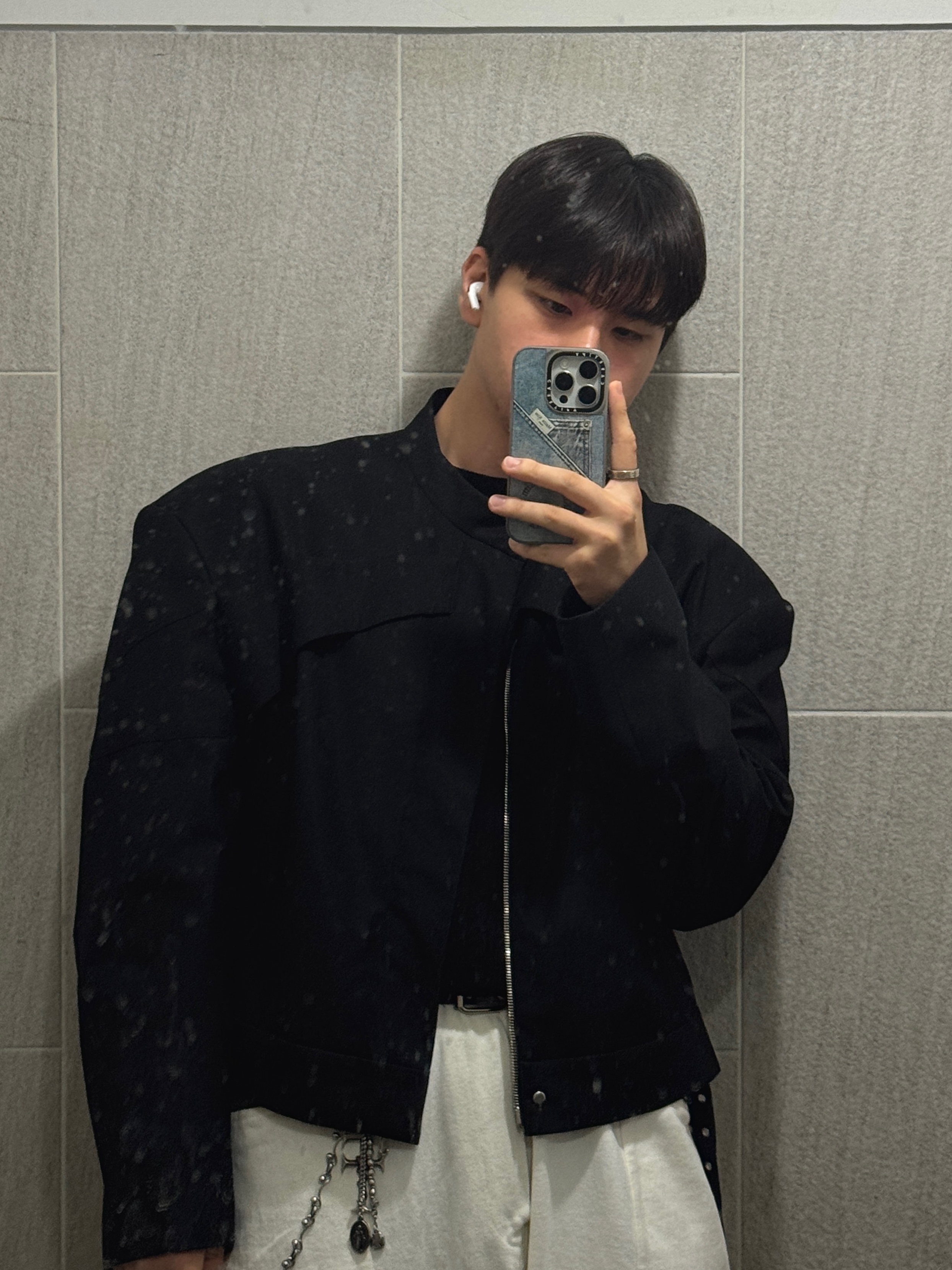 Nonnod SS Cropped Rider Jacket Matt Black, Casetify x Matin Kim iPhone Denim Pocket Magsafe Mirror Case Silver 착용 스타일
