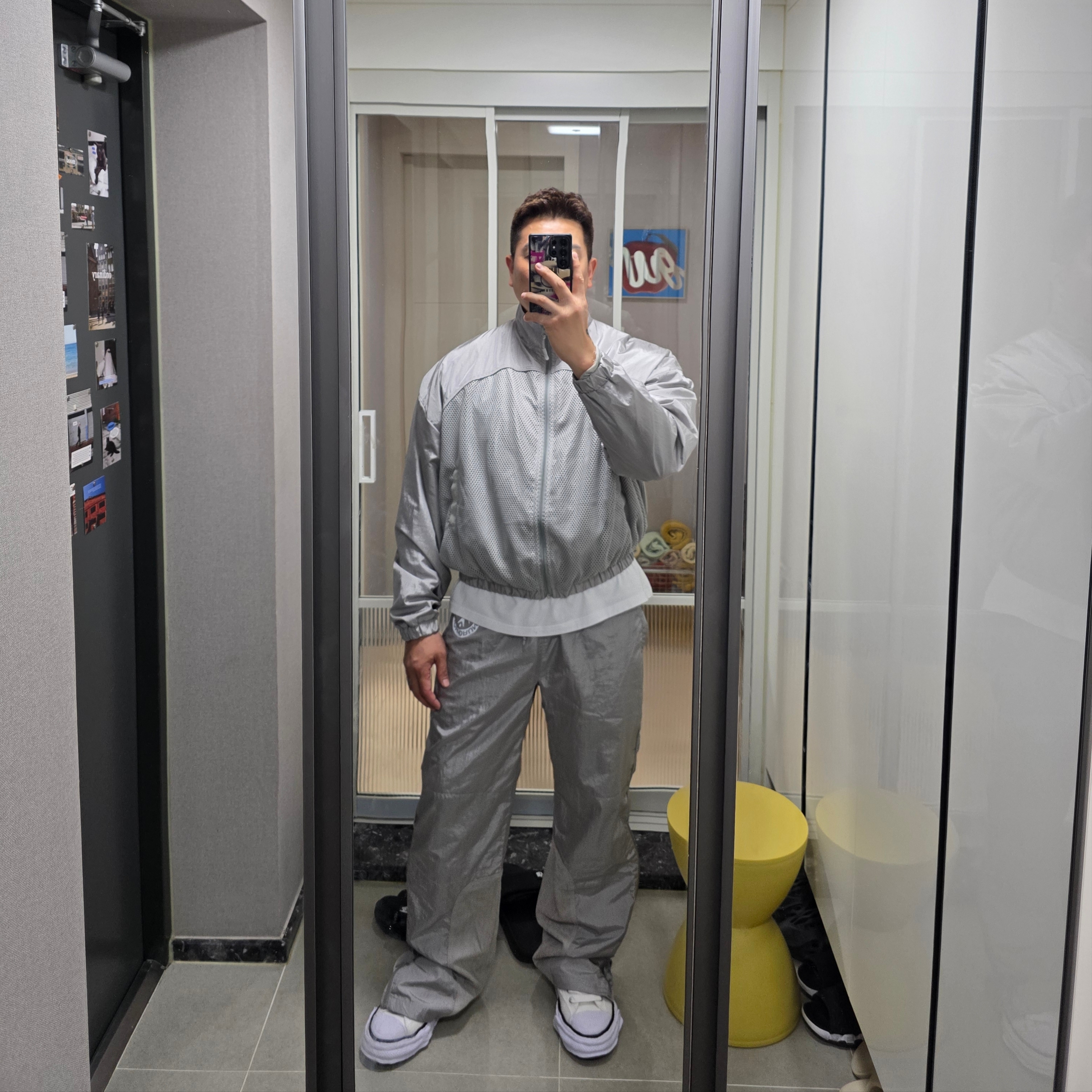 Maison Mihara Yasuhiro Peterson23 OG Sole Canvas Low-top Sneakers White, Punch Drunk Parties GhostMark 2-Way Wind Pants GRAY 착용 스타일