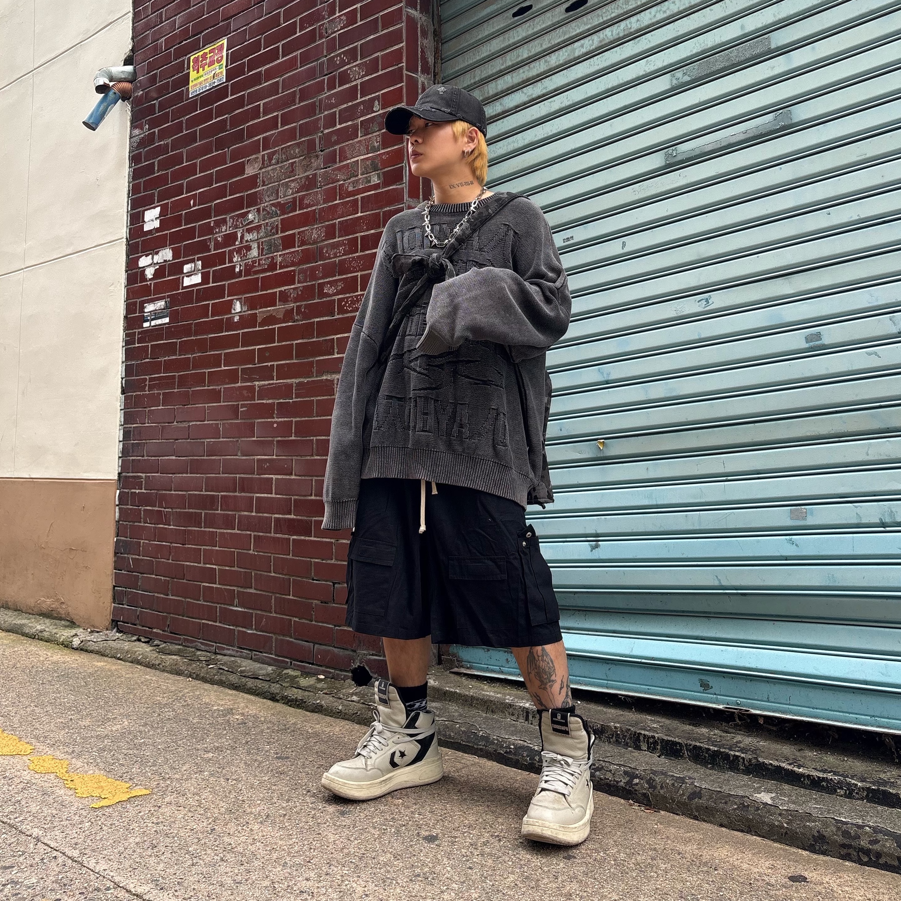 DEFGARMENTS Logo Destroyed Cap Black, Converse x Drkshdw Turbowpn Pelican 착용 스타일 - 2
