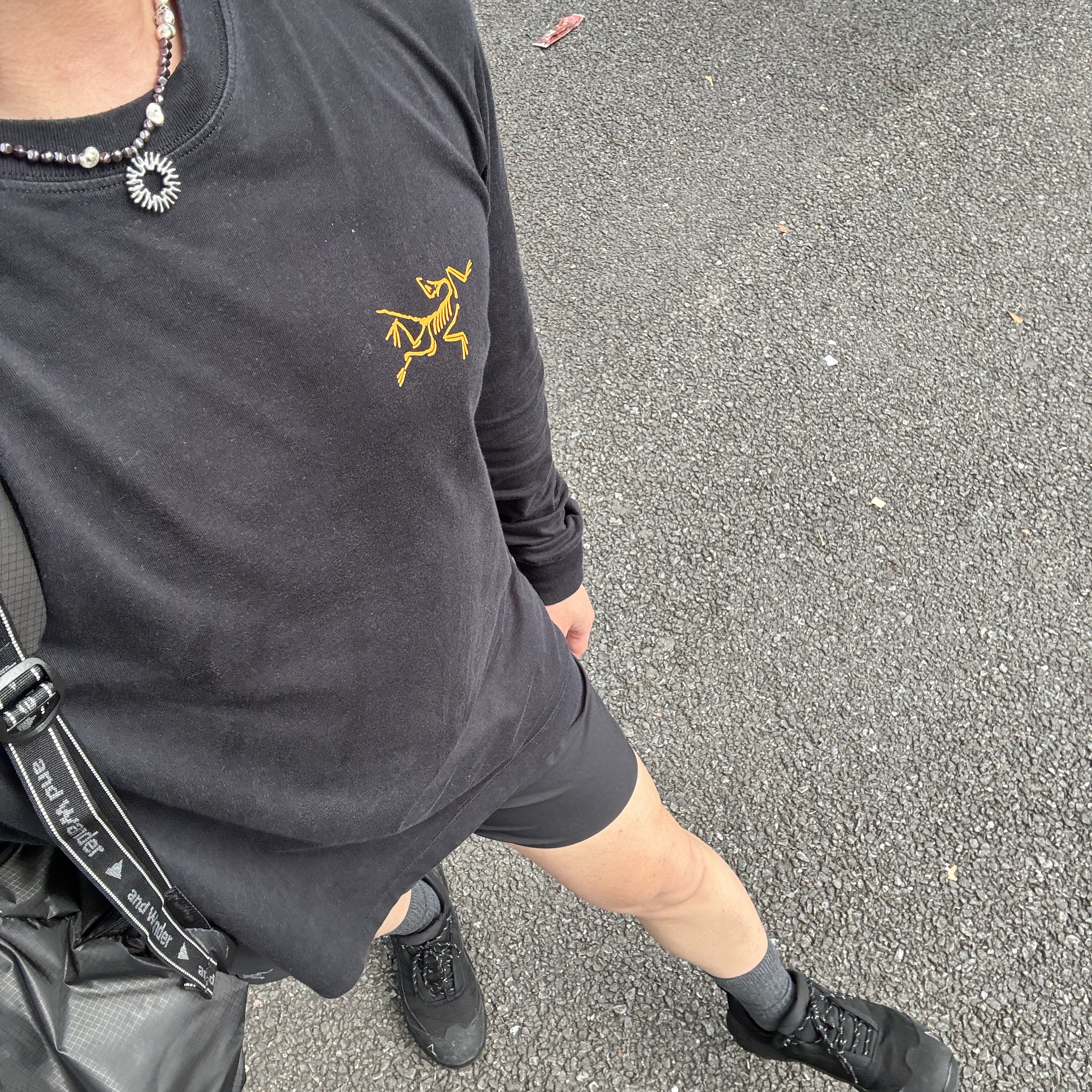 Arc'teryx Norvan Shorts 5 Inch Black, And Wander Sil Daypack Charcoal 착용 스타일 - 1