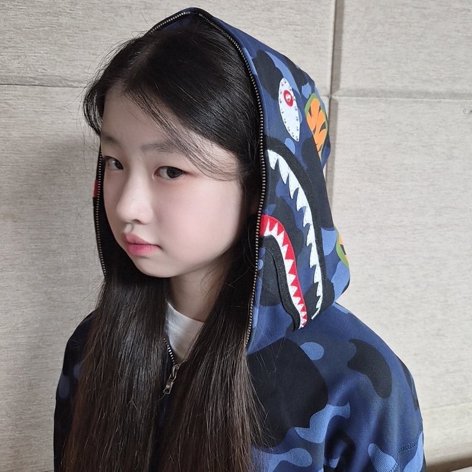 (W) BAPE Color Camo Crystal Stone Shark Cropped Full Zip Hoodie Navy 착용 스타일 - 2