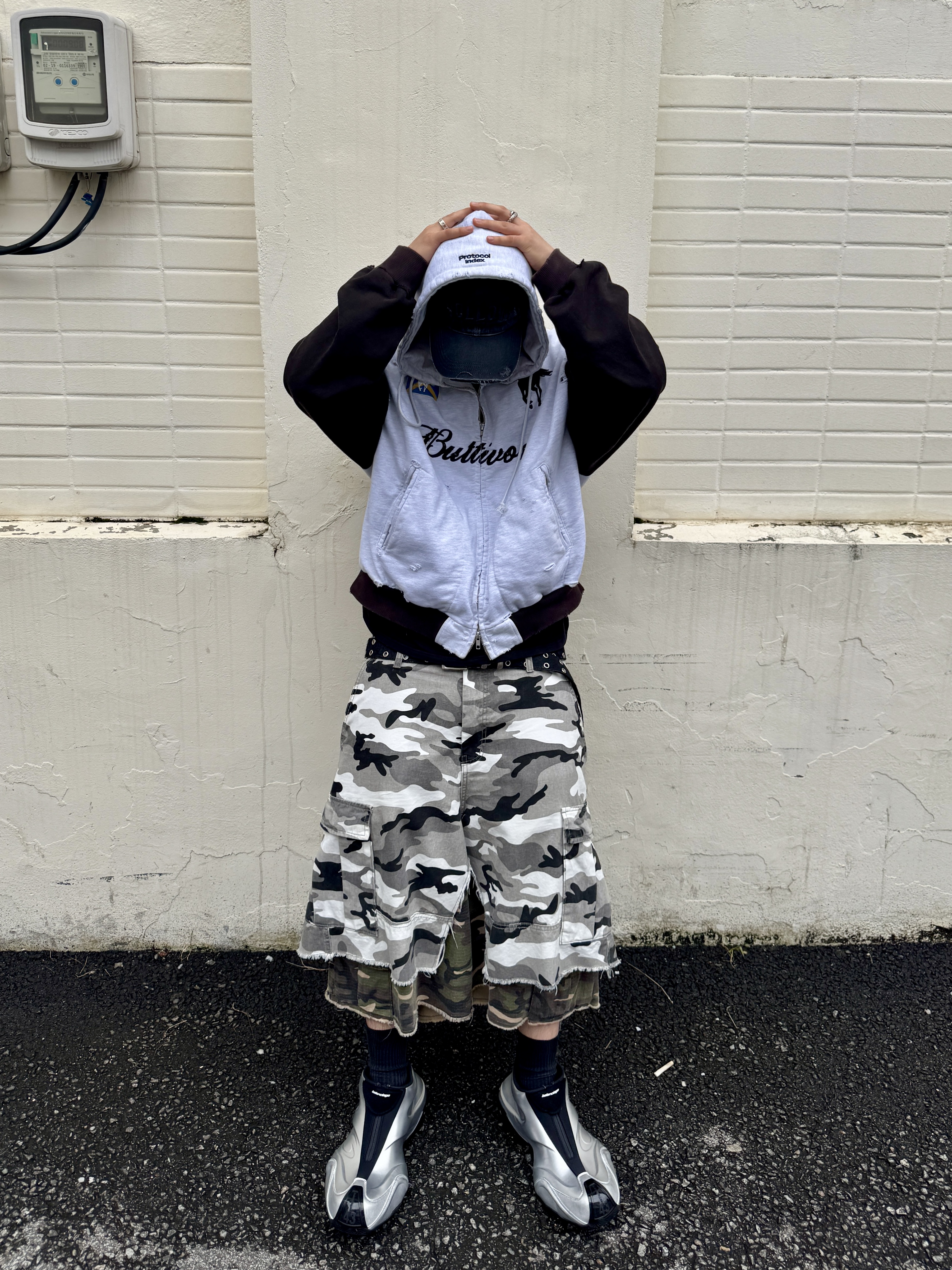 Protocol Index Buttivore Zip Hoodie White Melange, Project G/R x MFM333. Layered Skirt Camo Cargo Shorts Multi Camo 착용 스타일 - 3