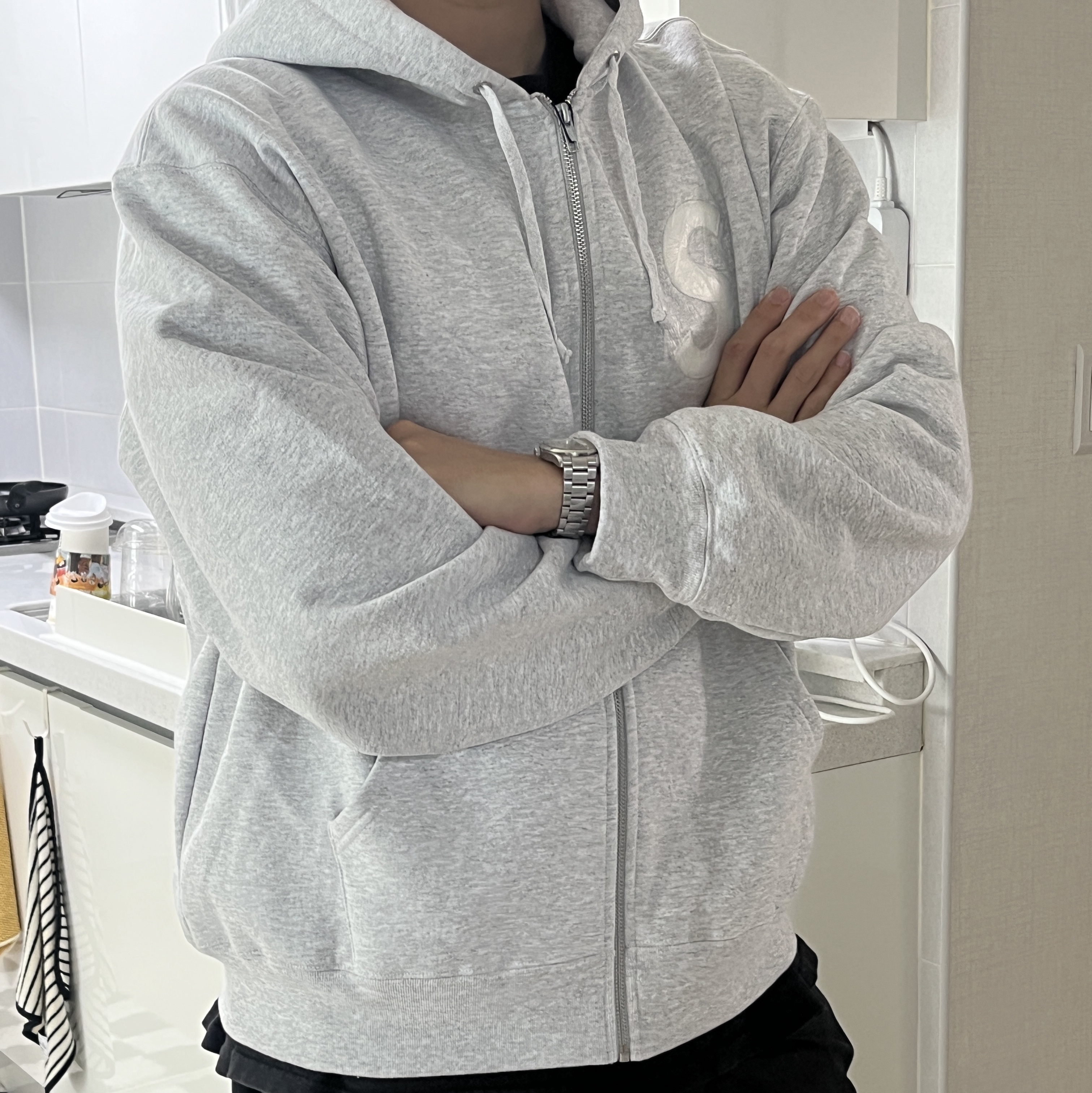 Supreme S Logo Zip Up Hooded Sweatshirt Ash Grey - 24FW 착용 스타일
