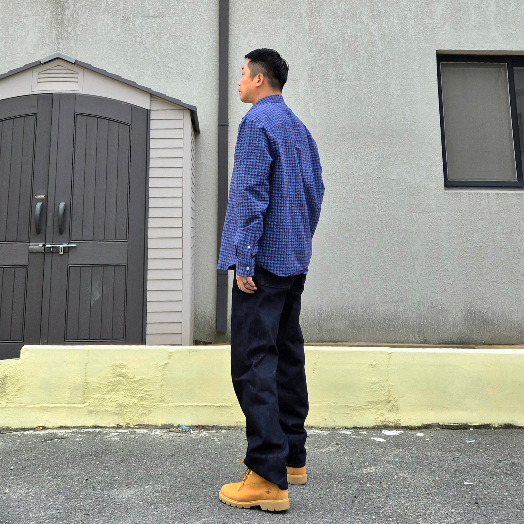 Timberland Premium 6 inch Waterproof Boot Wheat Nubuck - Wide, Uniqlo x JW Anderson Straight Jean Blue - KR 착용 스타일 - 1