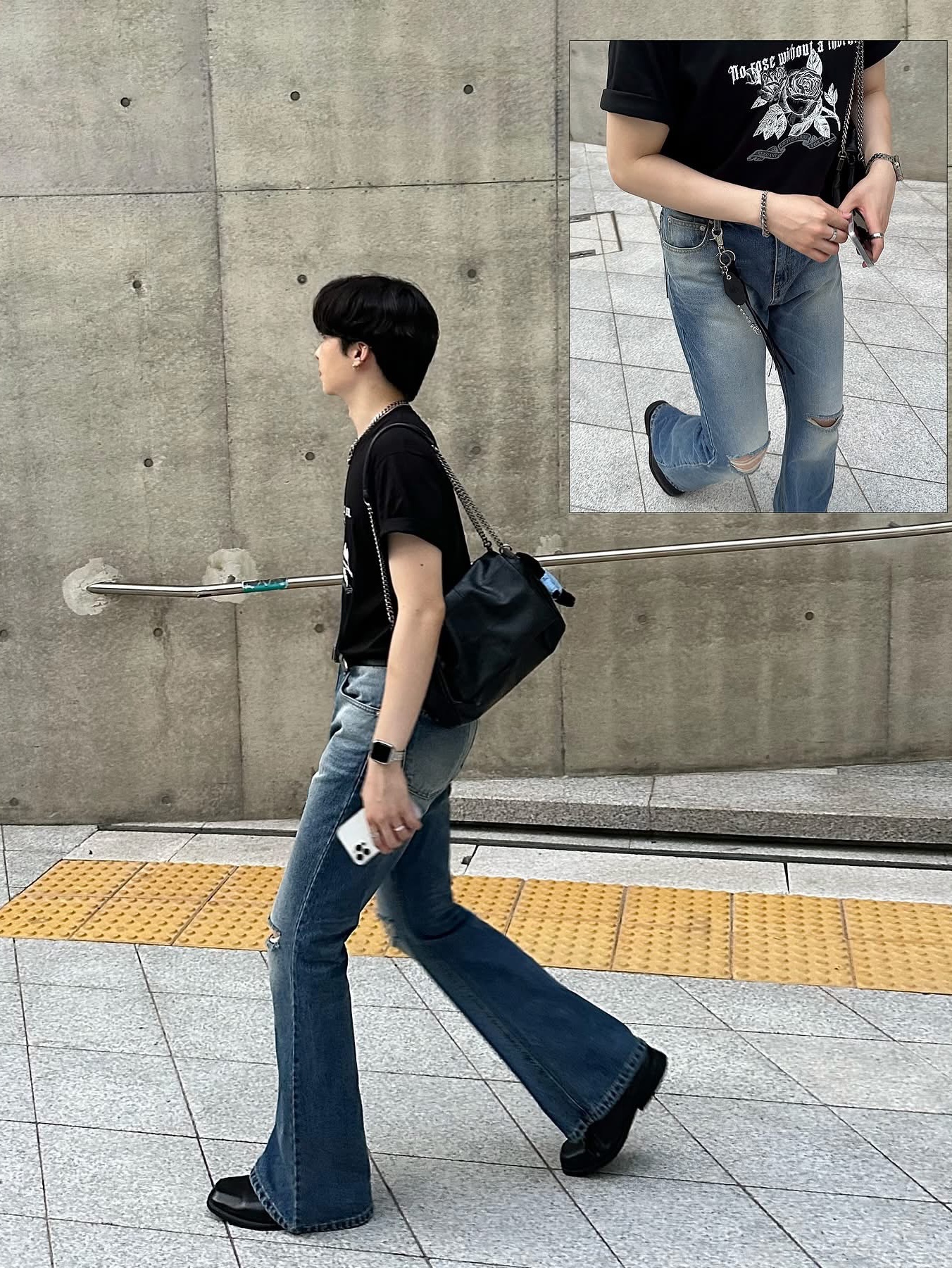 Monamhee x Peaceminusone Daihee Plush Keyring, Zara Rock Style Flap Shoulder Bag Black 착용 스타일 - 1