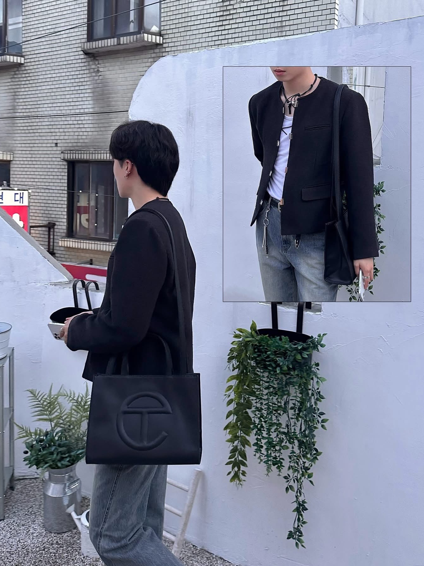 Our Legacy Ladon Leather Keychain Black, Telfar Medium Shopping Bag Black 착용 스타일 - 4