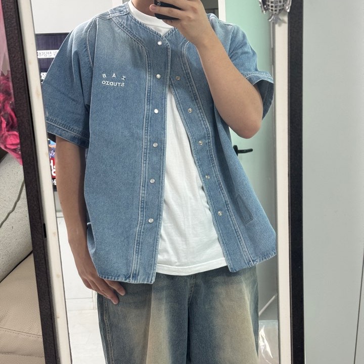 IAB Studio Denim Baseball Jersey Blue, IAB Studio 10th Anniversary T-Shirts Pack White & Black (2 Pack) 착용 스타일