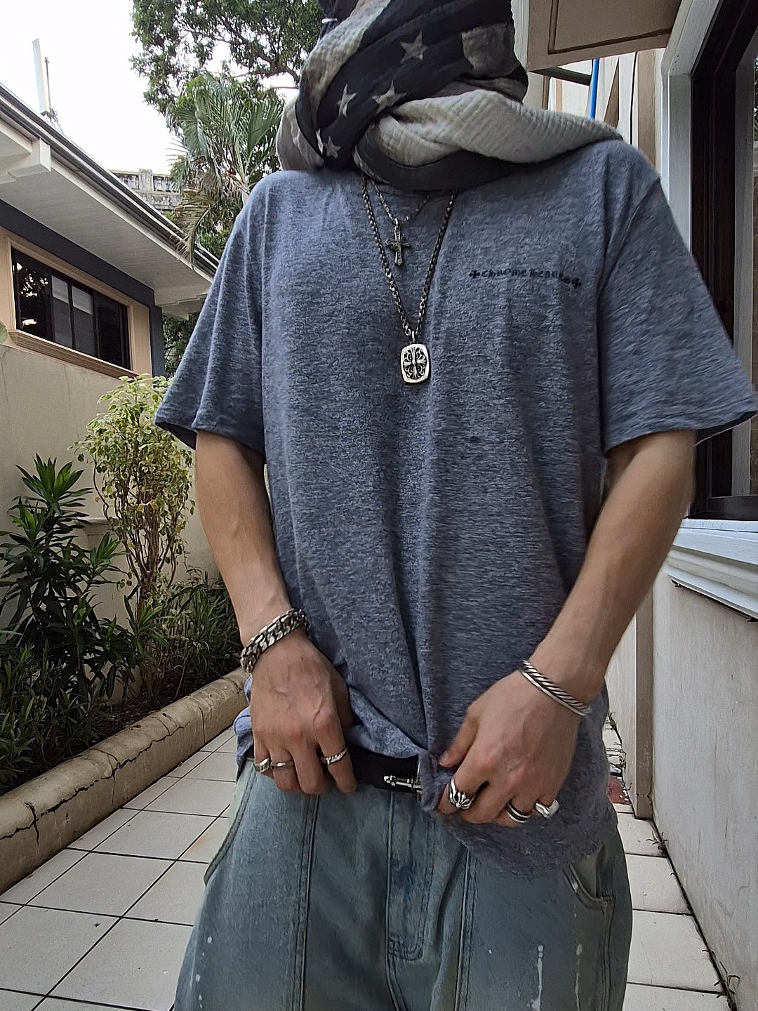 Chrome Hearts Scroll Logo T-Shirt Black - Osaka Exclusive, Wapworks Work Double Knee Carpenter Pants Oldmillblue 착용 스타일 - 2