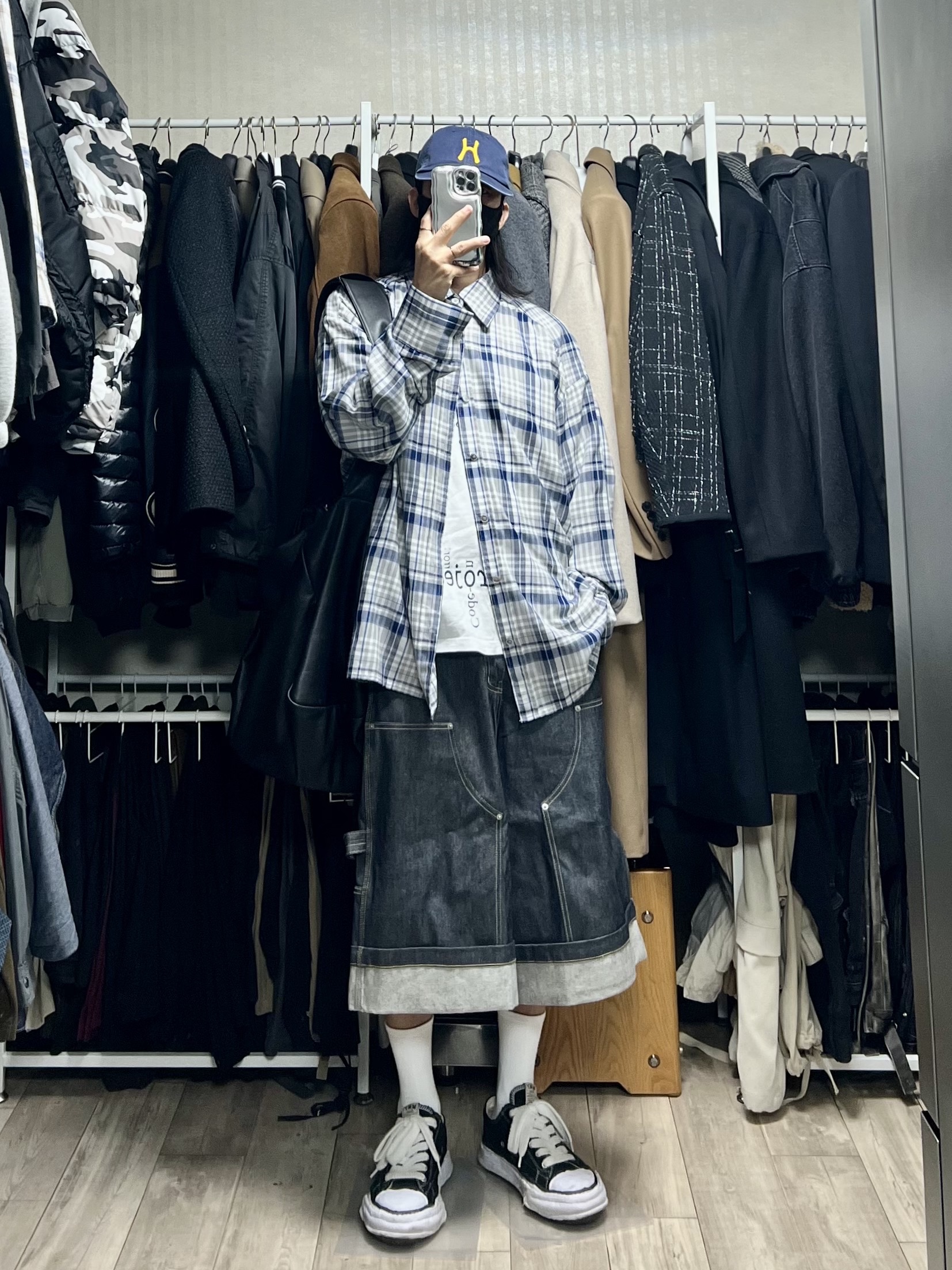 Hello Sunrise H Logo Cotton Relaxed Fit 6Panel Cap Navy, GRAILZ x KOIN SEOUL Carpenter Bermuda Denim Pants Indigo 착용 스타일