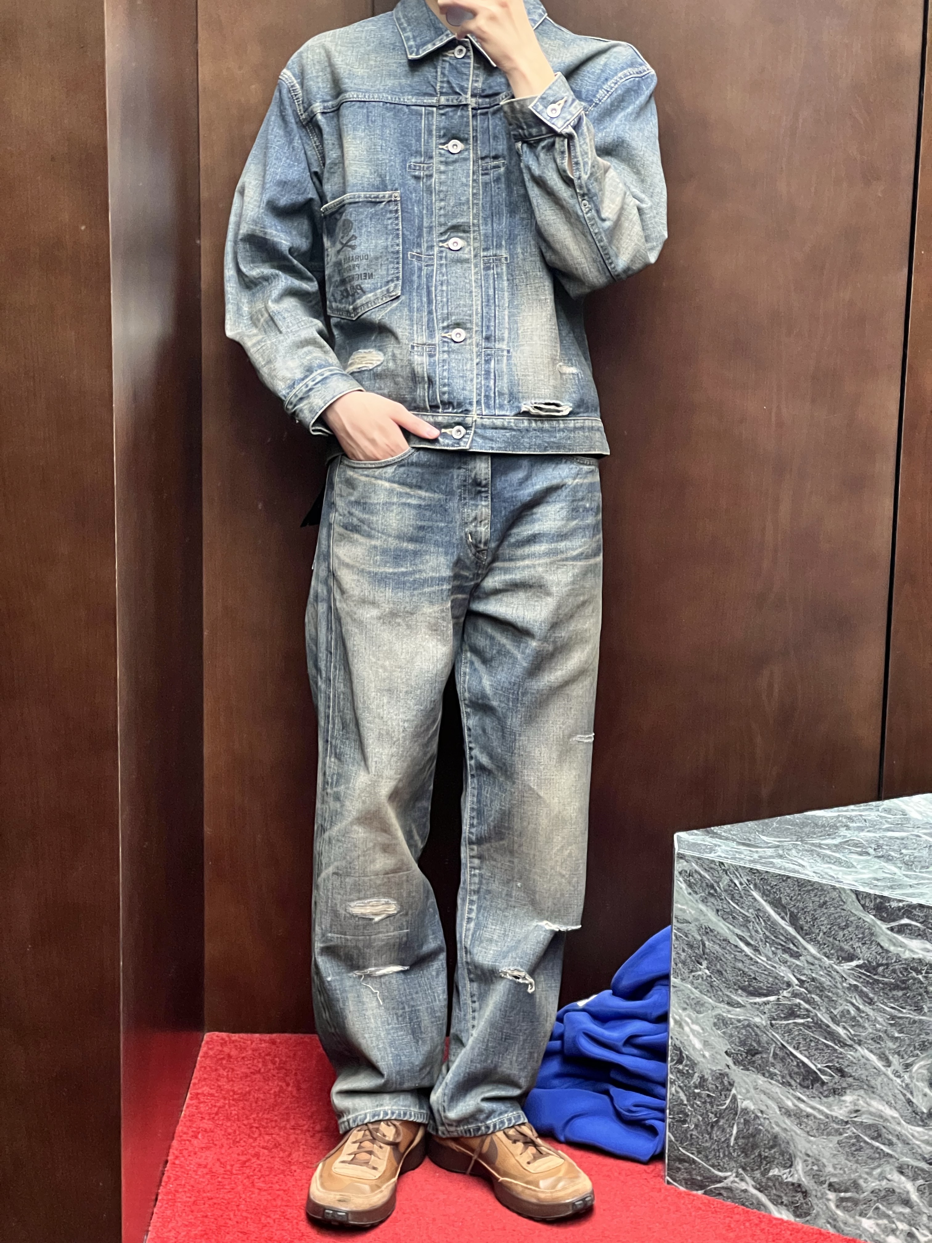 Palace x Neighborhood Savage Denim Jacket Indigo - 25FW, Palace x Neighborhood Savage Denim DP Basic Pants Indigo - 25FW 착용 스타일