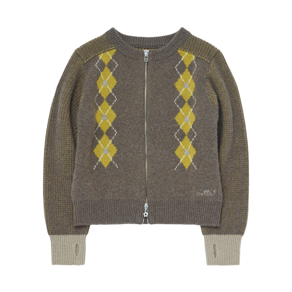 꼬떼 아가일 투 톤 리브드 집업 니트 브라운(COTTE Argyle Twotone Ribbed Zipup Knit Brown)
