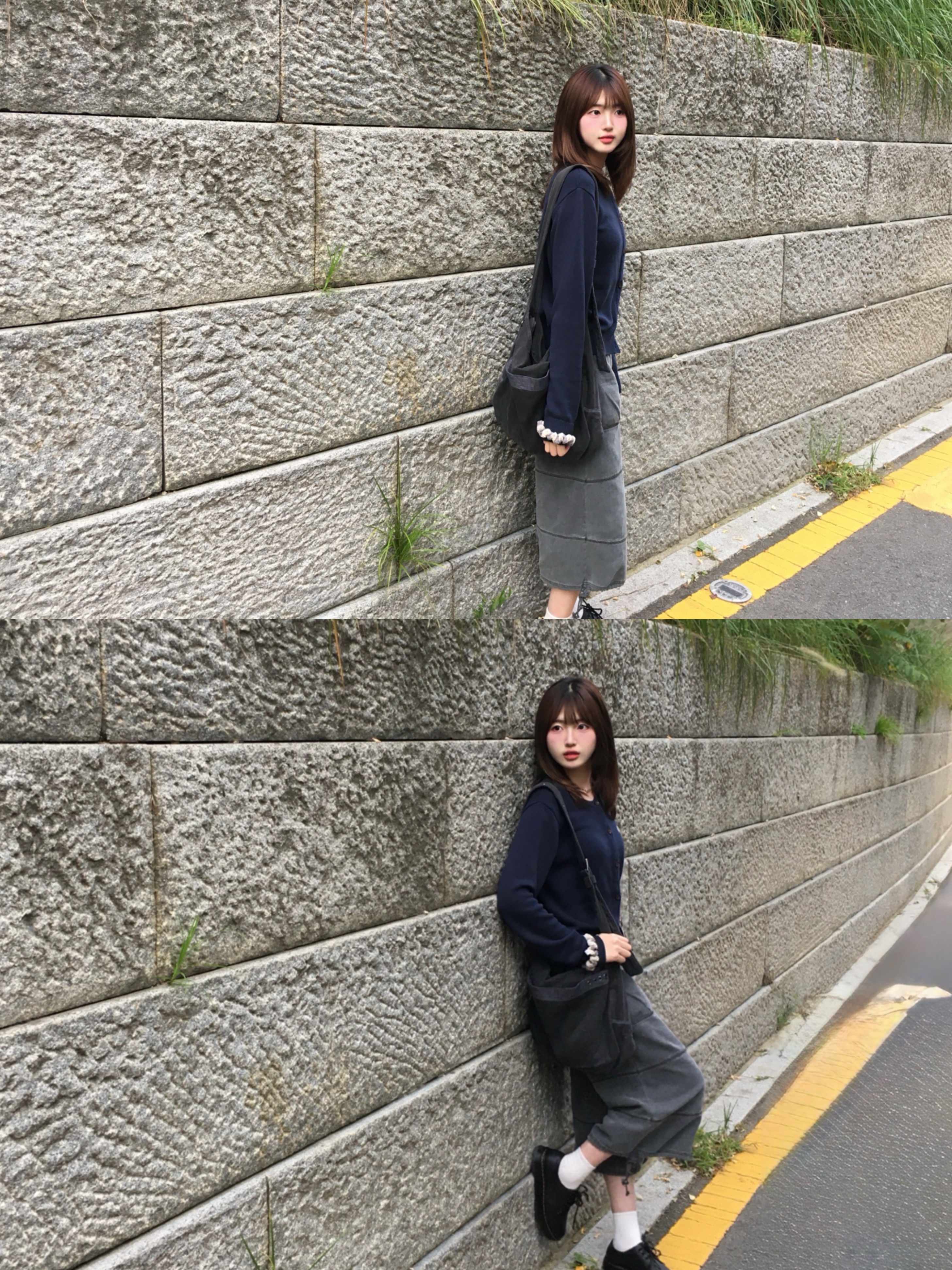 COYSEIO Stripe Point Cross Bag Charcoal 착용 스타일
