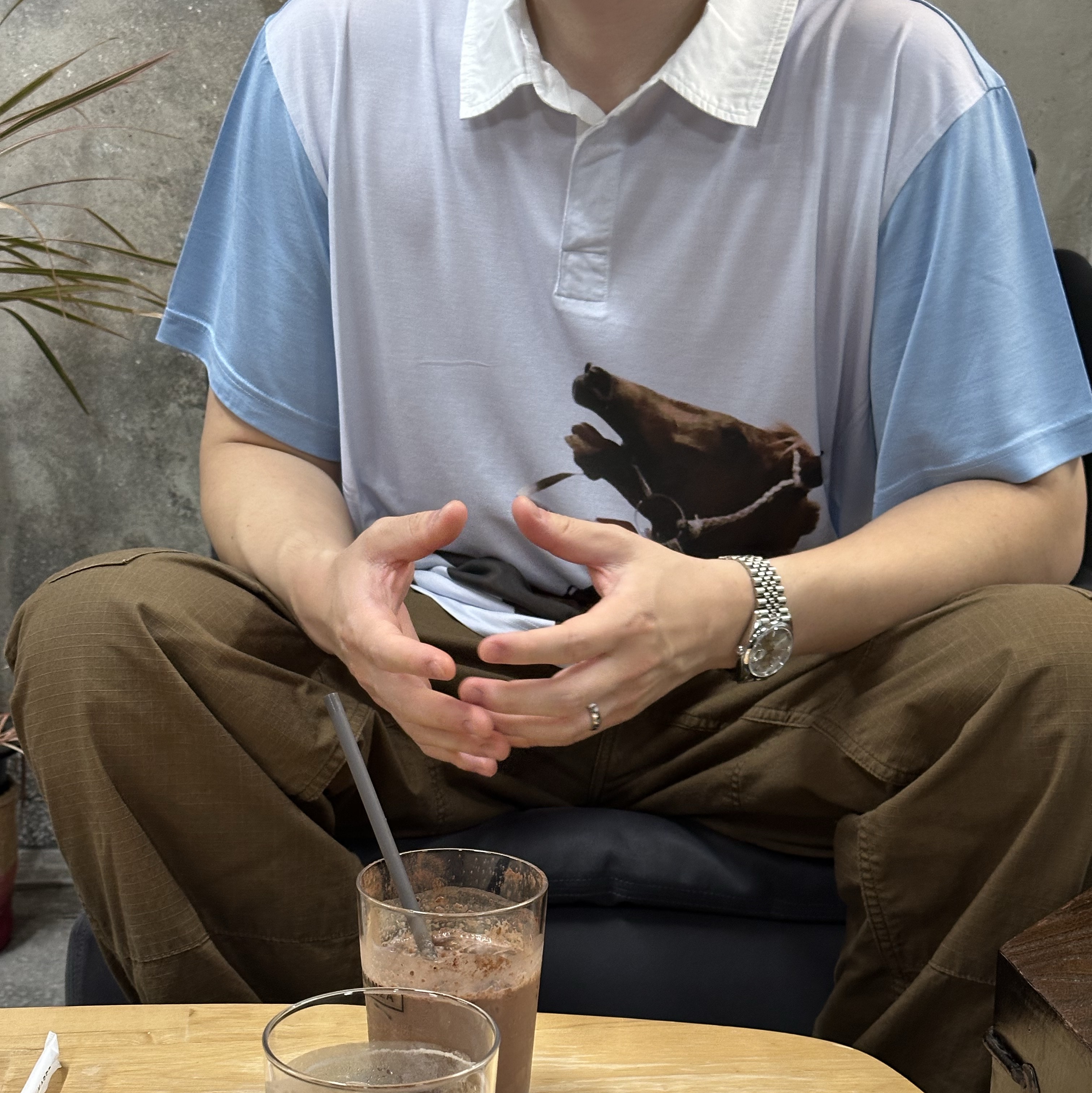 Stussy x Wales Bonner Silk Polo Blue 착용 스타일 - 1
