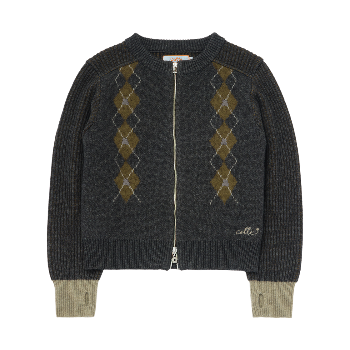 꼬떼 아가일 투 톤 리브드 집업 니트 차콜(COTTE Argyle Twotone Ribbed Zipup Knit Charcoal)