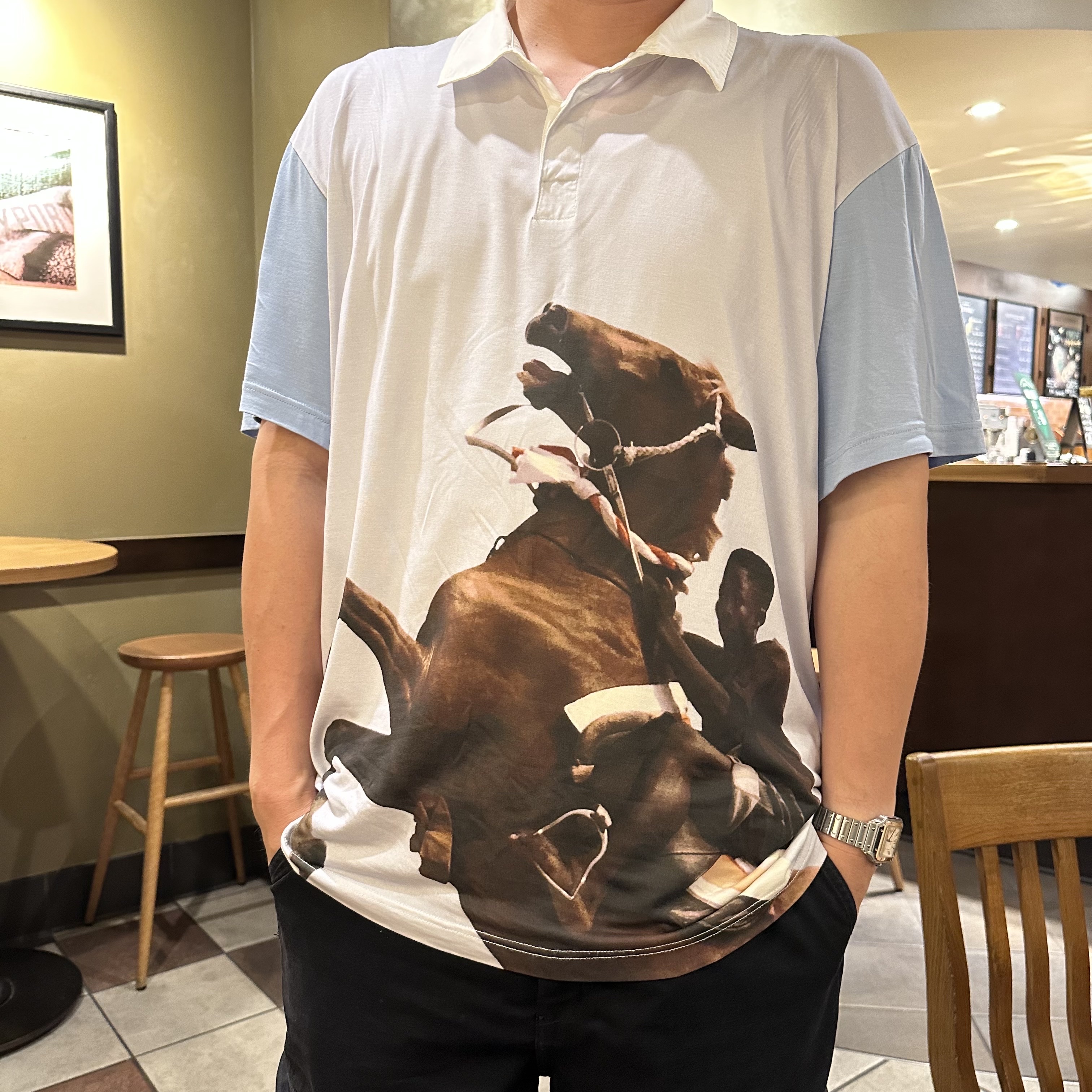 Stussy x Wales Bonner Silk Polo Blue 착용 스타일 - 2