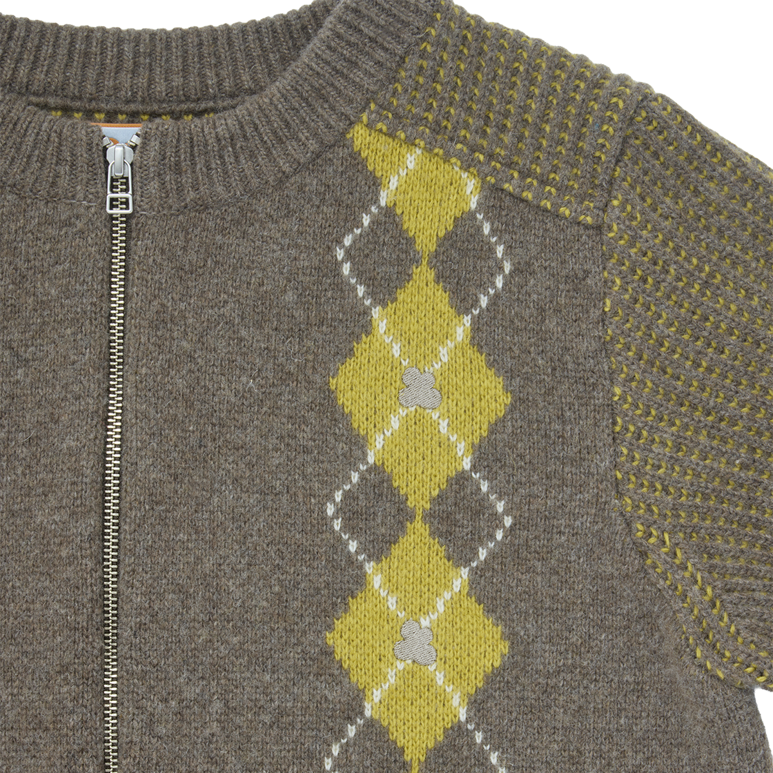 꼬떼 아가일 투 톤 리브드 집업 니트 브라운(COTTE Argyle Twotone Ribbed Zipup Knit Brown) - 3