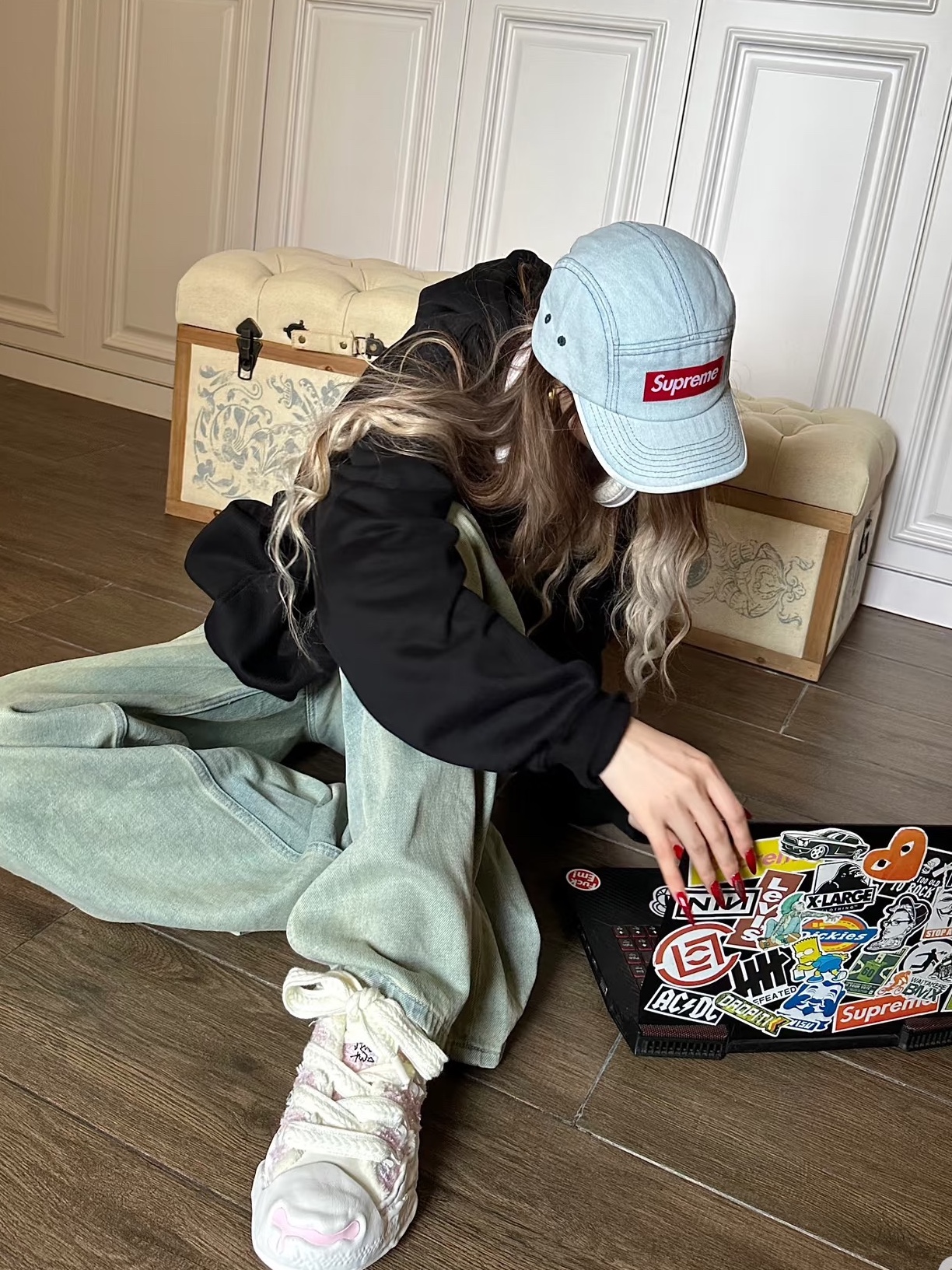 Supreme Denim Camp Cap Washed Blue - 22FW 착용 스타일