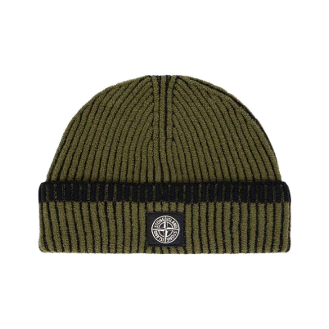 스톤 아일랜드 N100003 바니스 리빙 컴퍼스 패치 믹스드 패브릭 바니스 풀 립 RWS 울 비니 밀리터리 그린 - 25FW(Stone Island N100003 Mixed Fabric Vanise Full Rib RWS Wool Beanie with Vanise Ribbing and Compass Patch Military Green - 25FW)