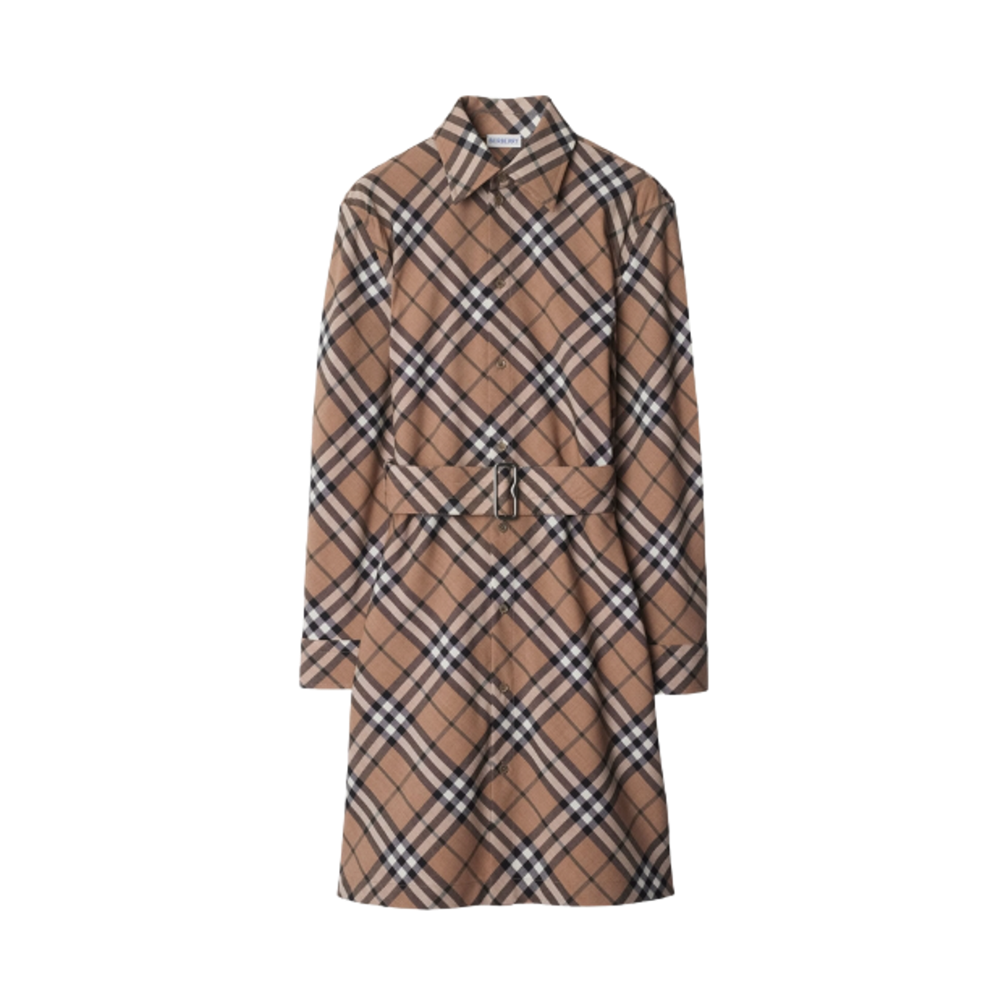 8095080 (W) Burberry Check Wool Blend Shirt Dress Beige