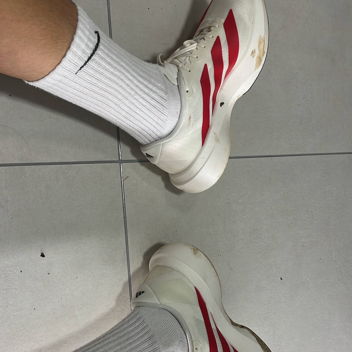 Adidas Adizero EVO SL Off White Better Scarlet 착용 스타일 - 1