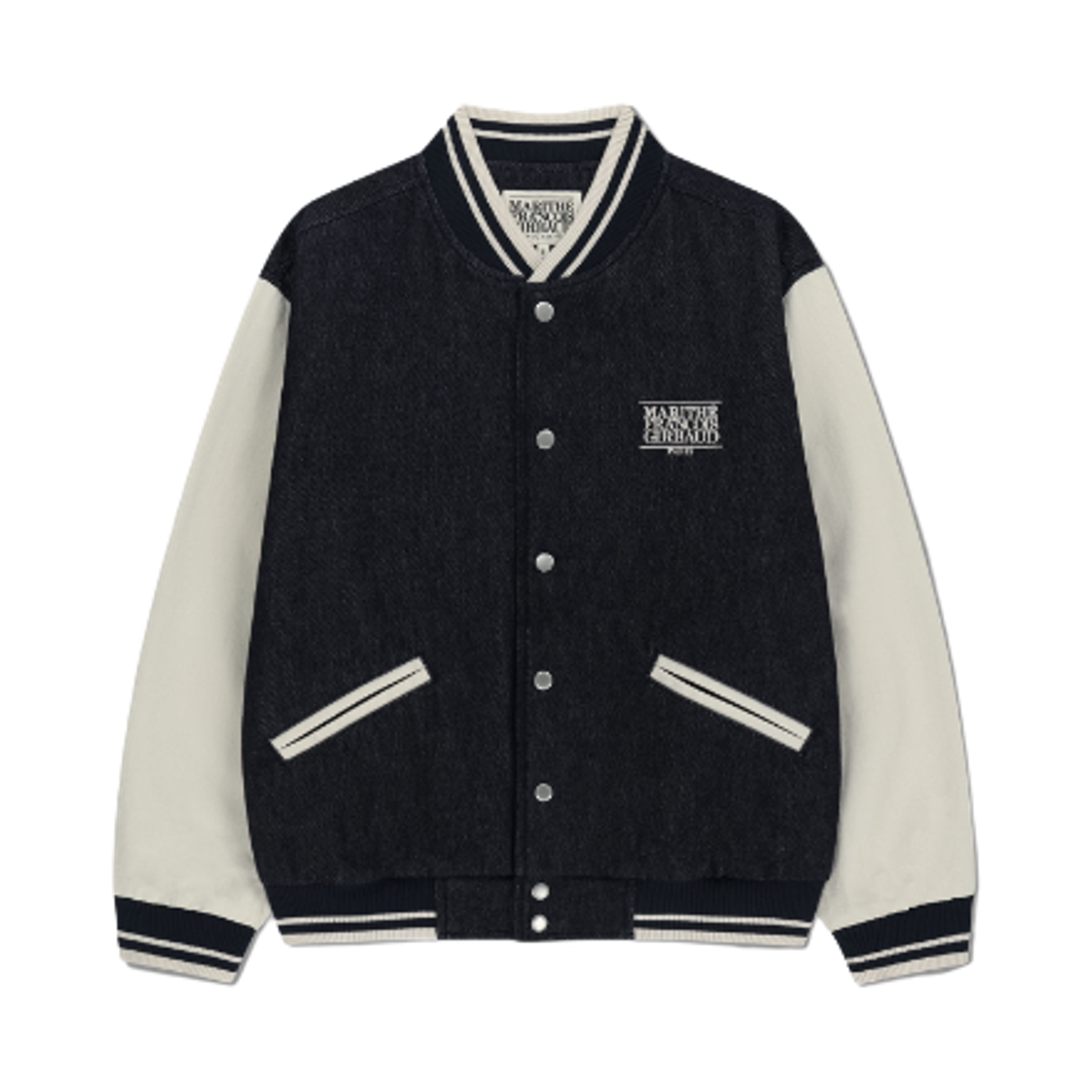 - Marithe Francois Girbaud Classic Logo Embroidery Denim Varsity Jacket Navy