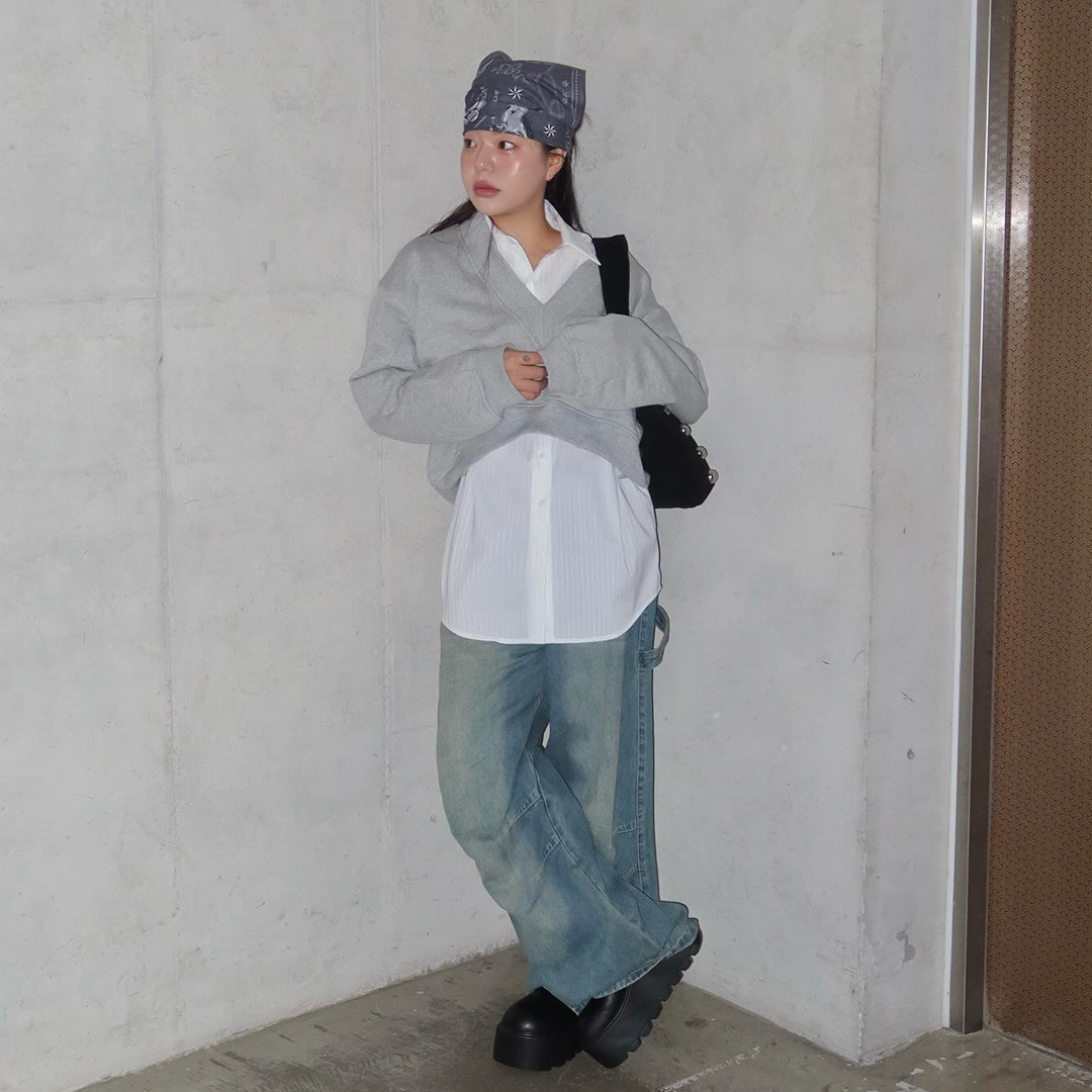 Thevinylhouse Basic Wide Denim Pants Blue, Thevinylhouse TVH Western Pattern Bandana Purple 착용 스타일