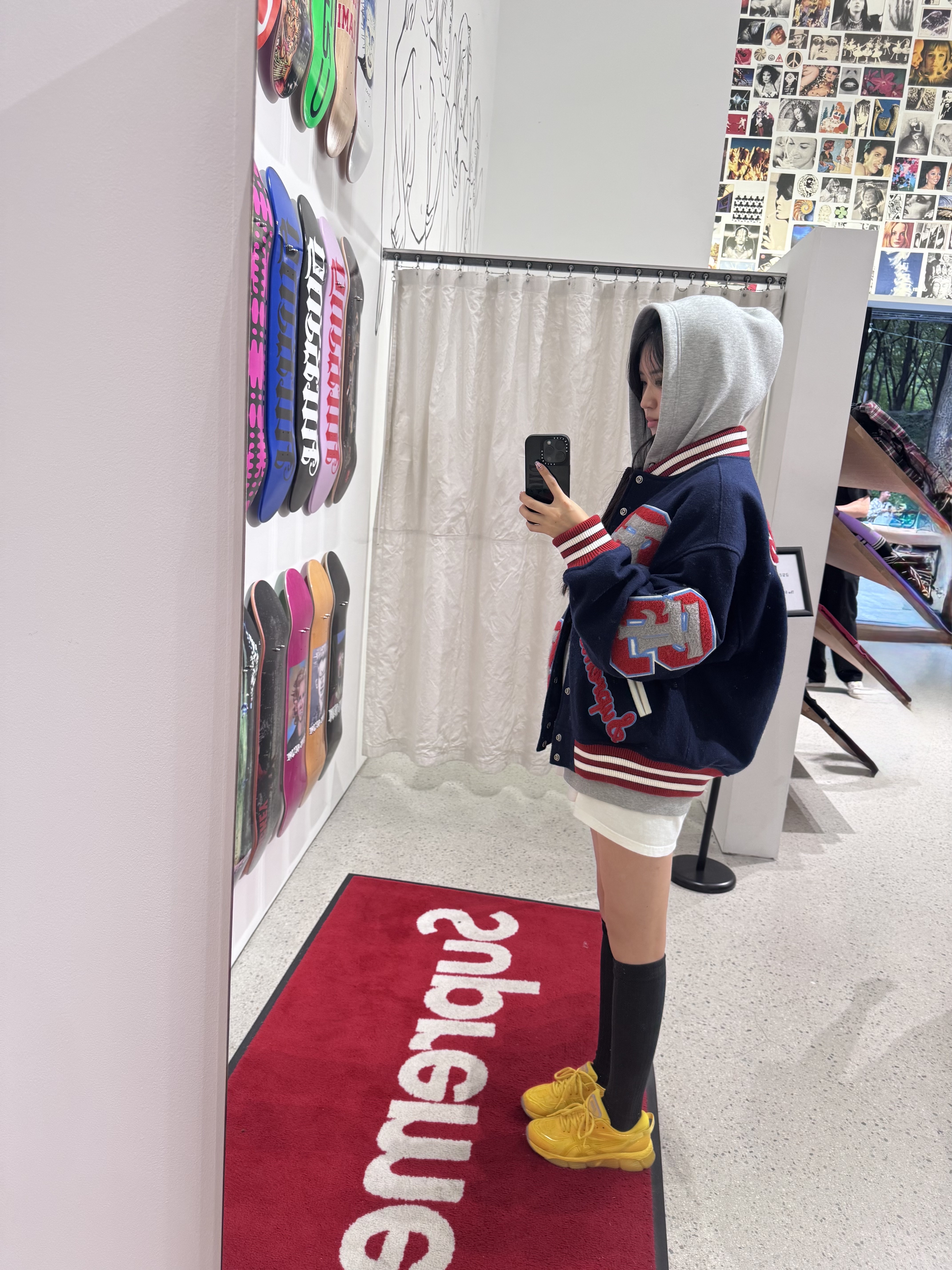 Supreme Drill Team Varsity Jacket Navy - 25FW, Asics x C.P. Company Gel-Quantum 360 VIII Yellow 착용 스타일