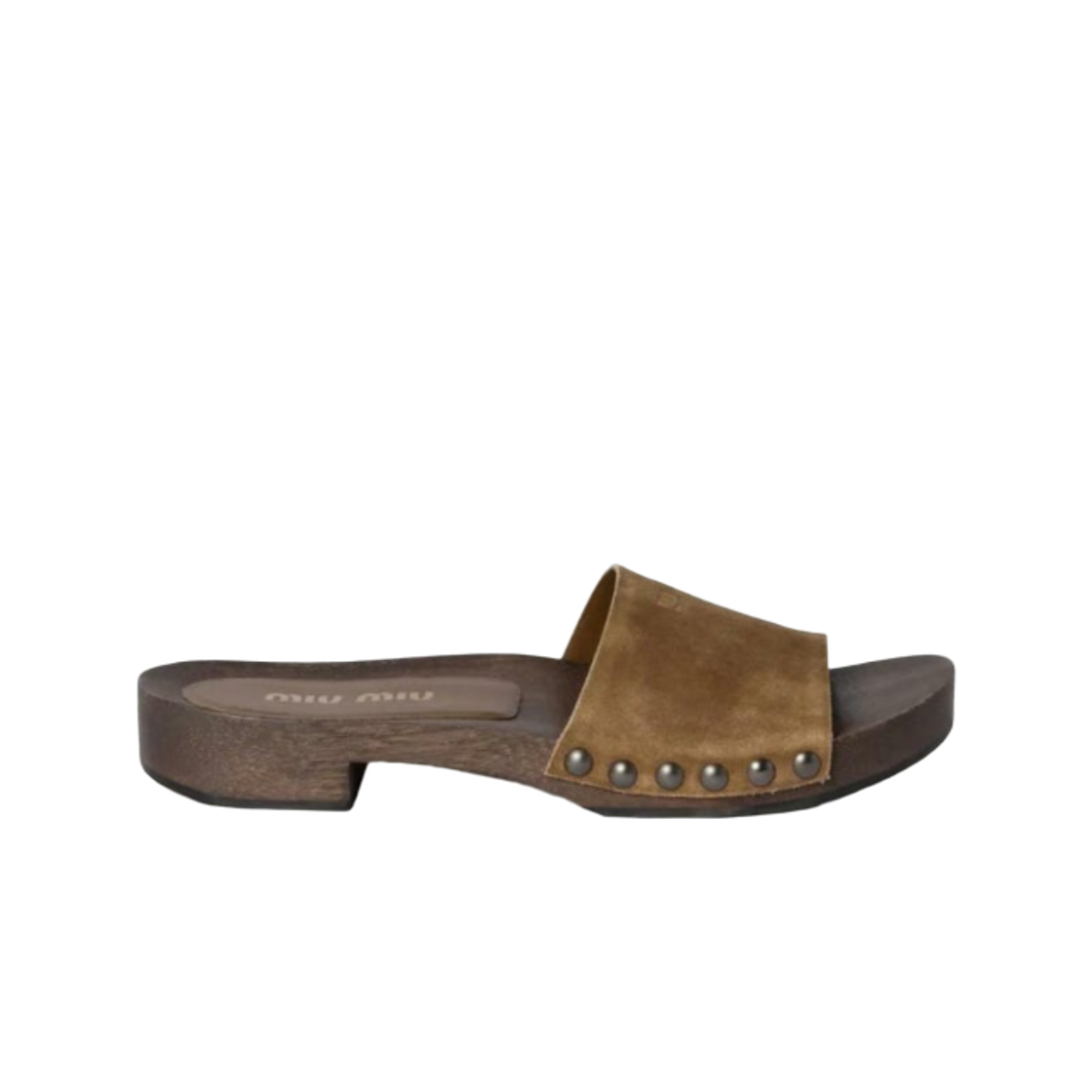 (W) 미우 미우 페이디드 스웨이드 클로그 다크 브라운((W) Miu Miu Faded Suede Clogs Dark Brown)