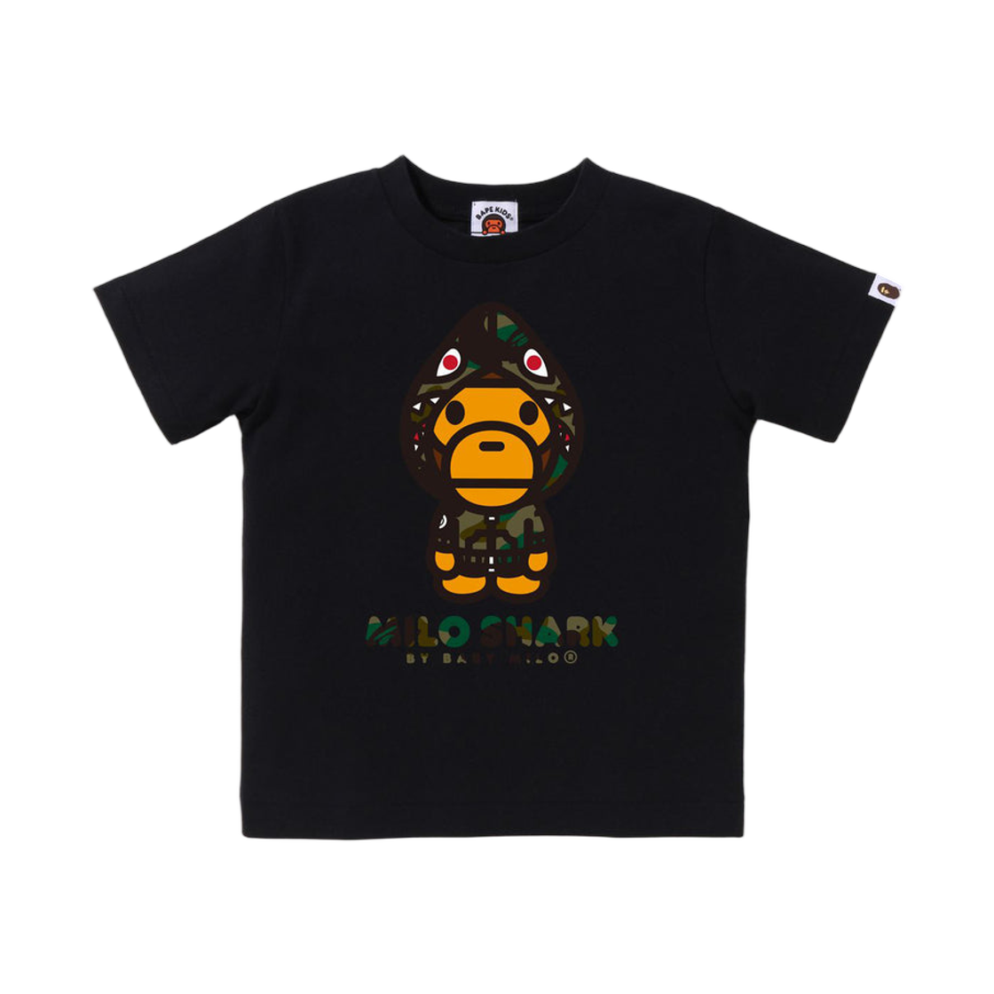 (키즈) 베이프 퍼스트 카모 마일로 샤크 FZH 티셔츠 블랙 그린((Kids) BAPE 1st Camo Milo Shark FZH T-Shirt Black Green) - 1