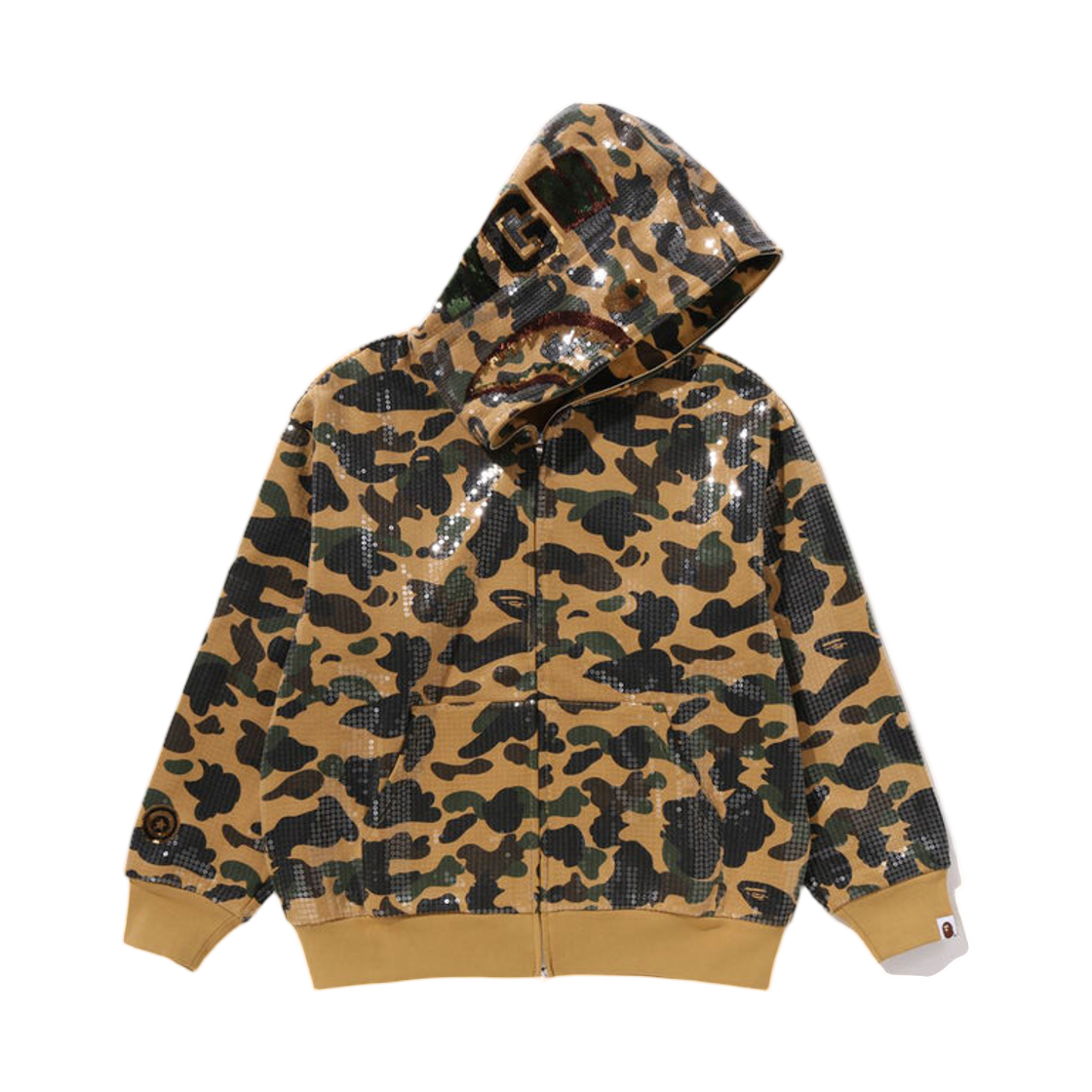 베이프 퍼스트 카모 시퀸 샤크 릴렉스드 핏 풀 집 후드 옐로우(BAPE 1st Camo Sequin Shark Relaxed Fit Full Zip Hoodie Yellow) - 1