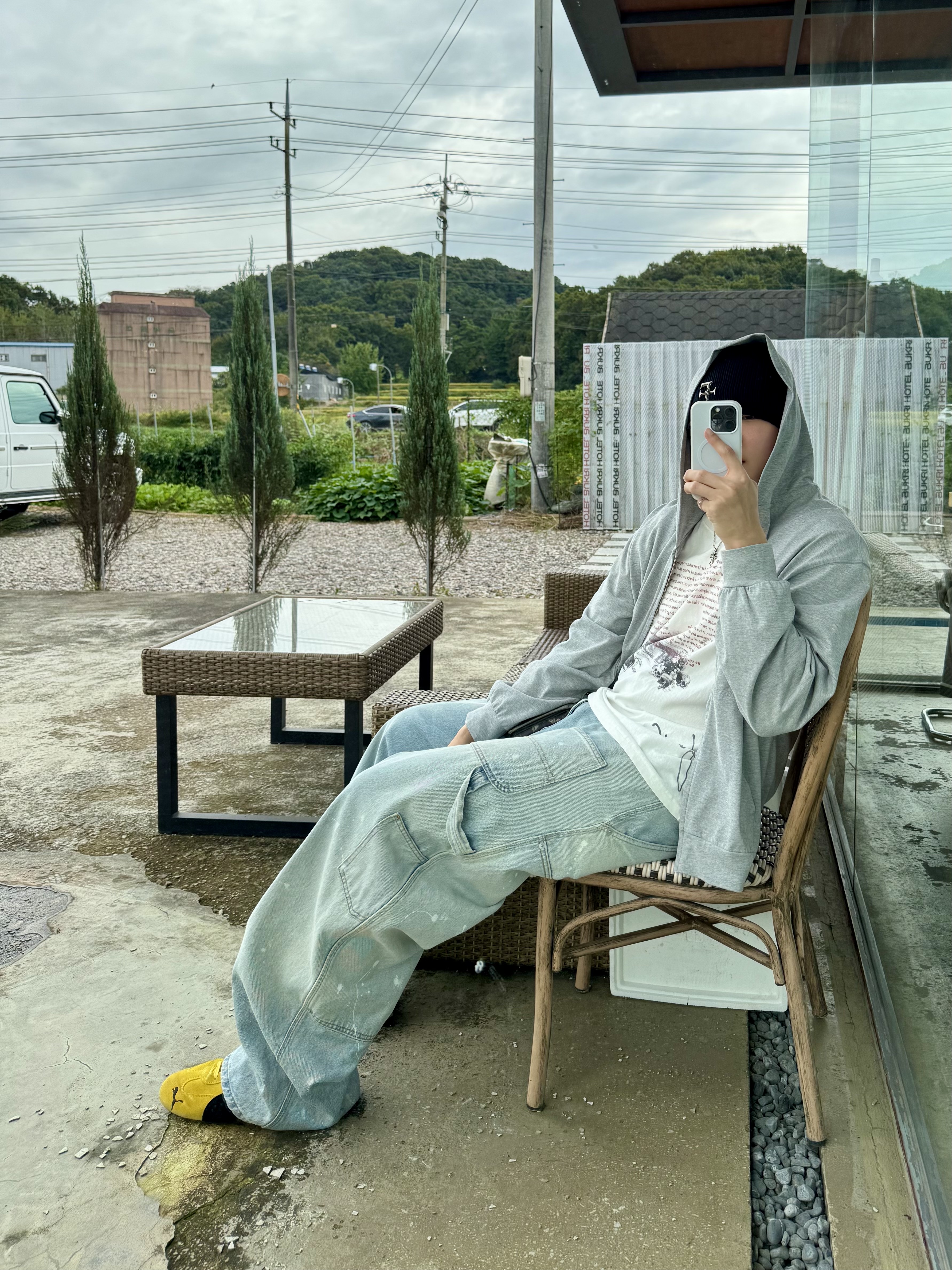 Puma Speedcat OG Pele Yellow Puma Black, Project G/R Backward Carpenter Pants Blue 착용 스타일 - 5