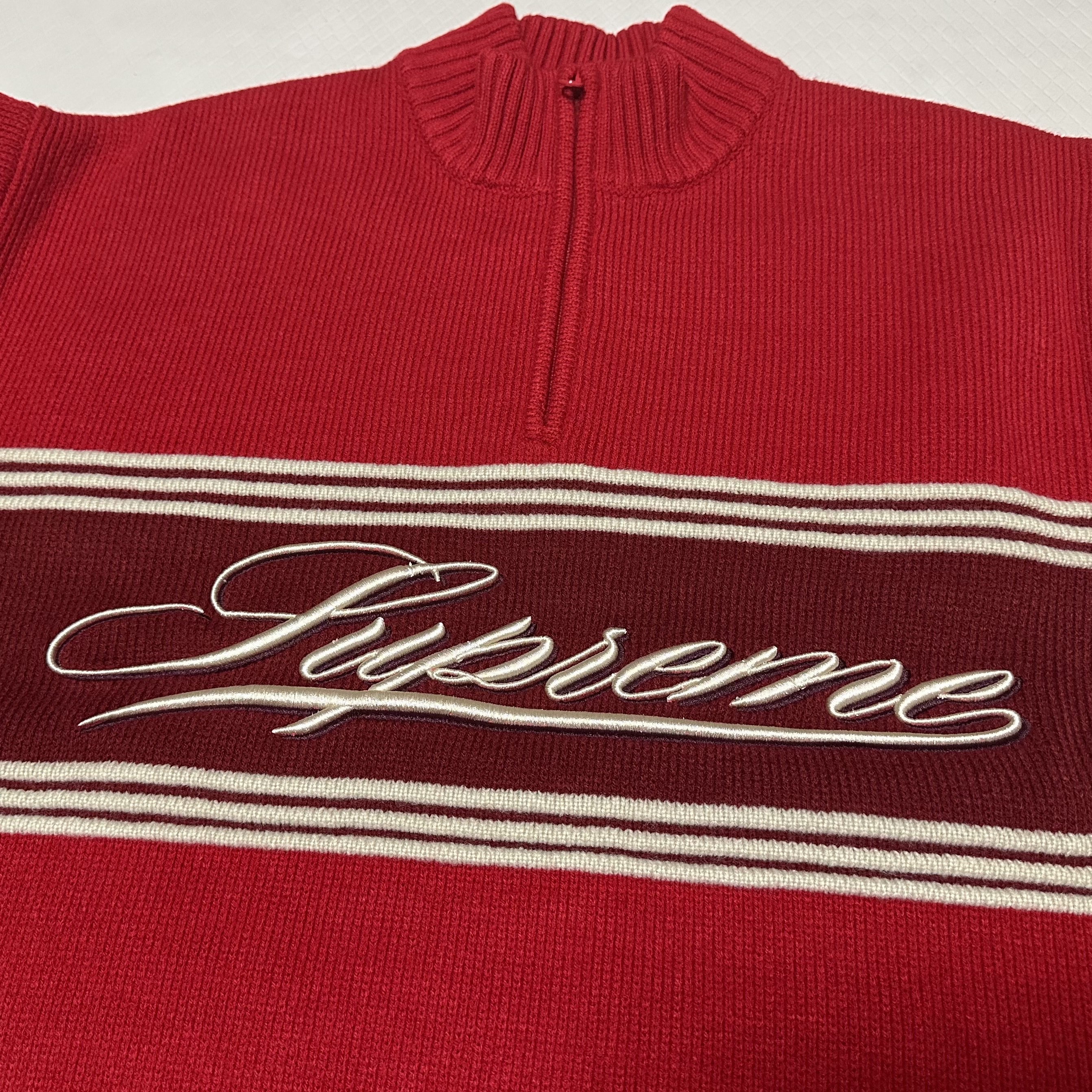 Supreme Script Stripe Half Zip Sweater Red - 25FW 착용 스타일