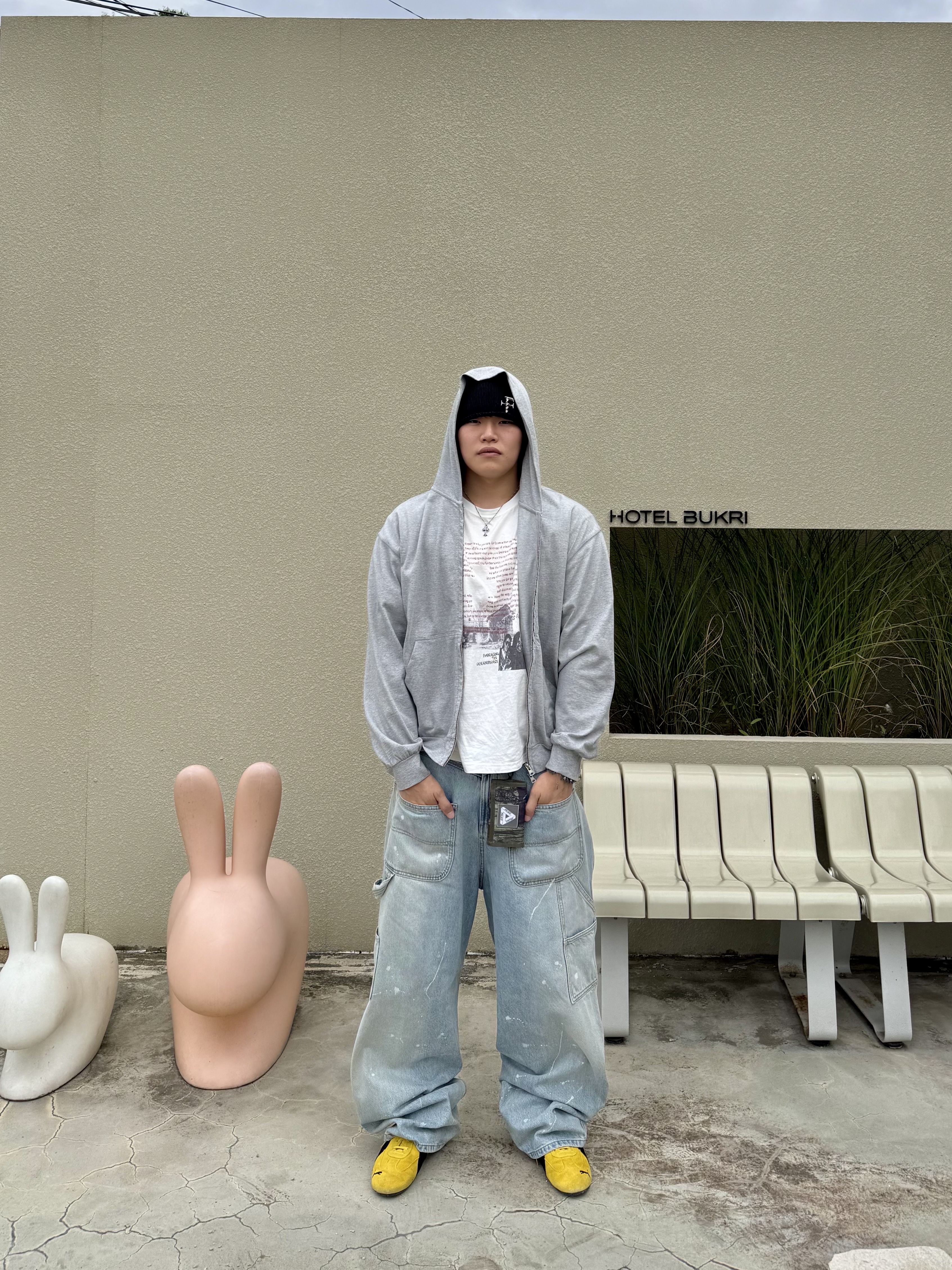 Puma Speedcat OG Pele Yellow Puma Black, Project G/R Backward Carpenter Pants Blue 착용 스타일 - 3