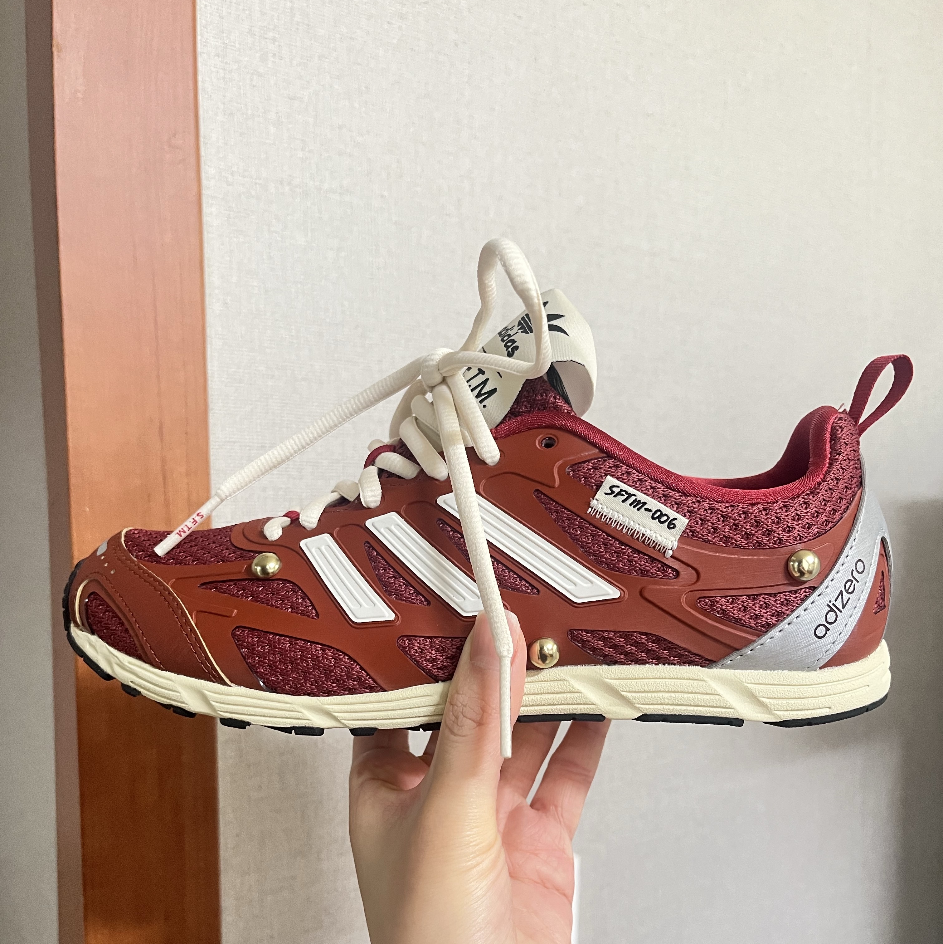Adidas x Song for the Mute Adizero PR Red Cream White 착용 스타일