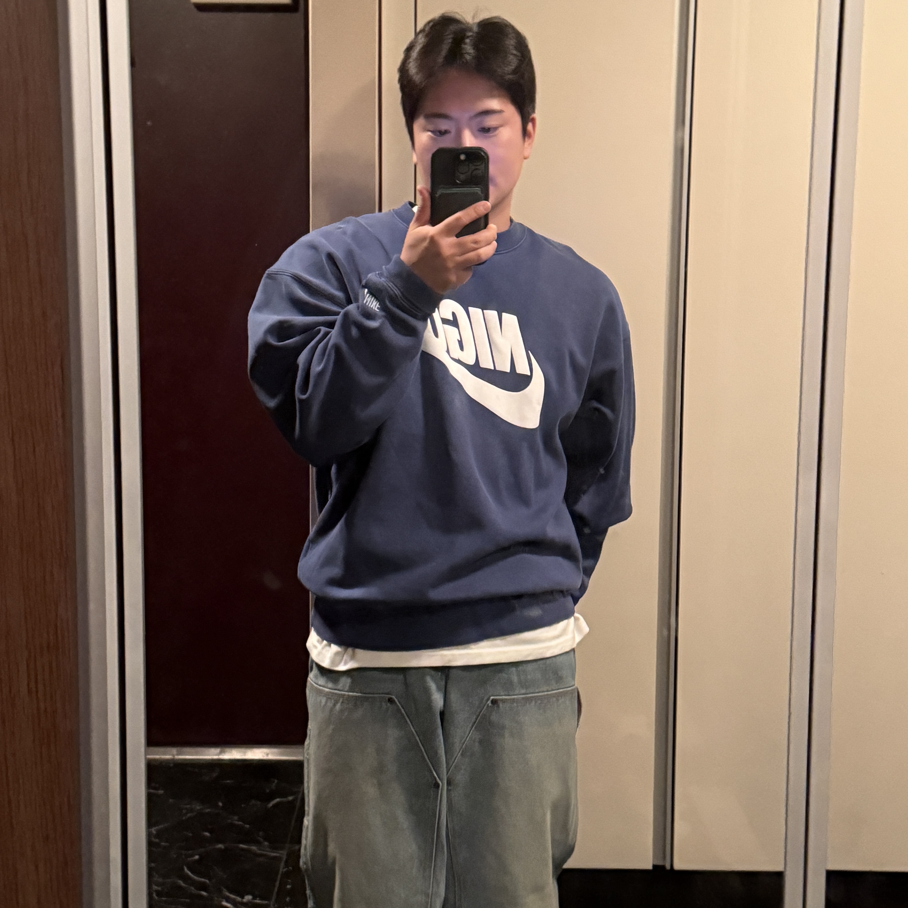 Nike x Nigo Fleece Crewneck Sweatshirt Blue Void (FV5941-492), Supreme Reflective Double Knee Pants Denim - 25FW 착용 스타일