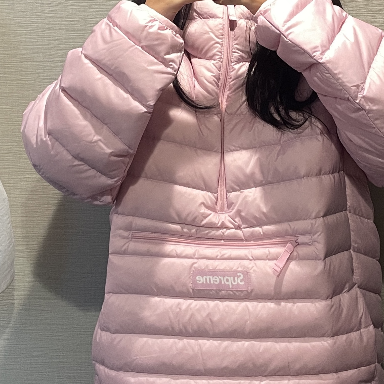 Supreme Micro Down Half Zip Hooded Pullover Light Pink - 25FW 착용 스타일 - 3