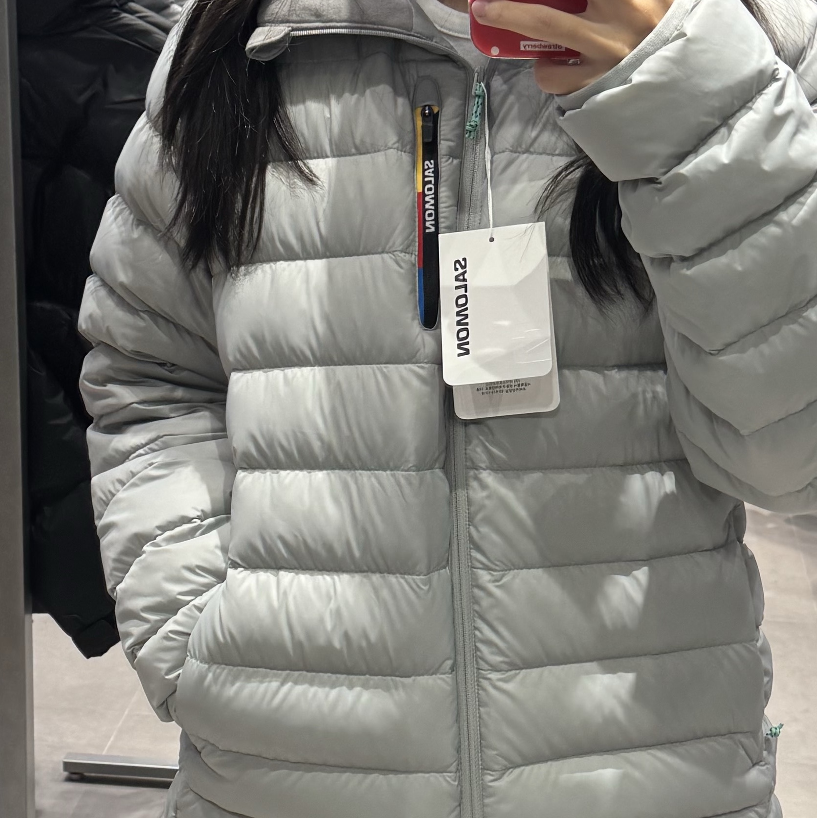 Salomon X-Fuse Hooded Down Jacket Light Gray 착용 스타일