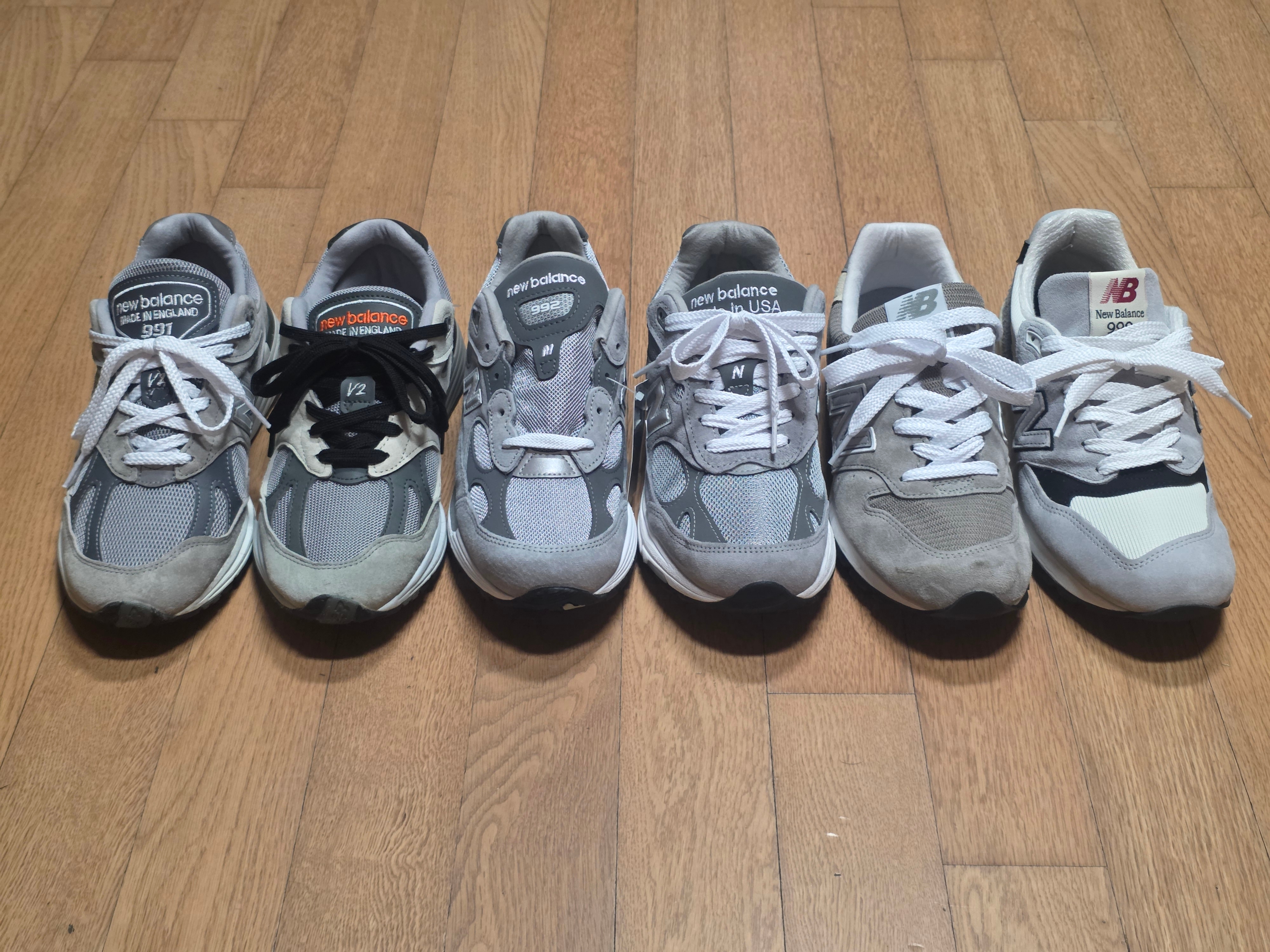 New Balance 991v2 Made in UK Pelican Abbey Stone, New Balance 992 Made in USA Core Grey Silver Metallic 착용 스타일 - 1