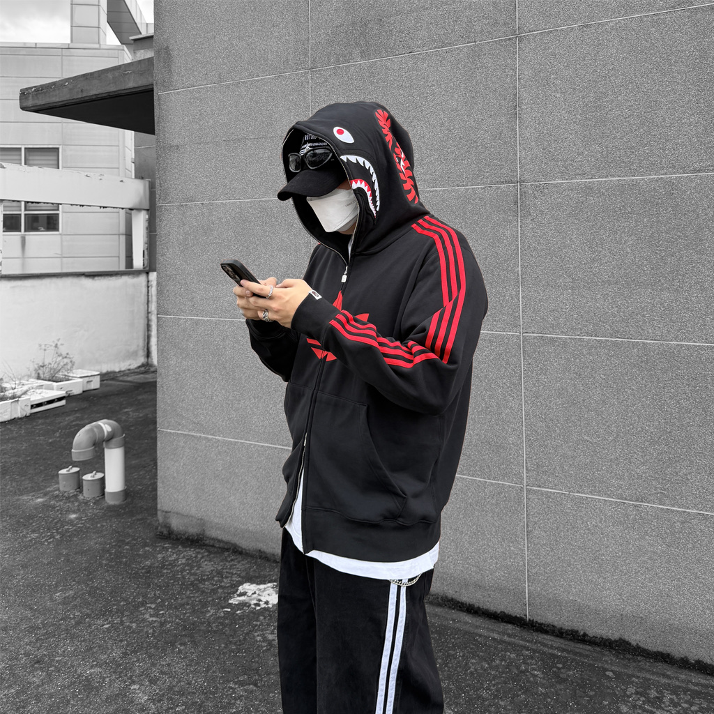 Adidas x BAPE Ultimate Shark Hoodie Black - KR Sizing, Adidas x BAPE Ultimate Shark Hoodie Black - US Sizing 착용 스타일 - 1