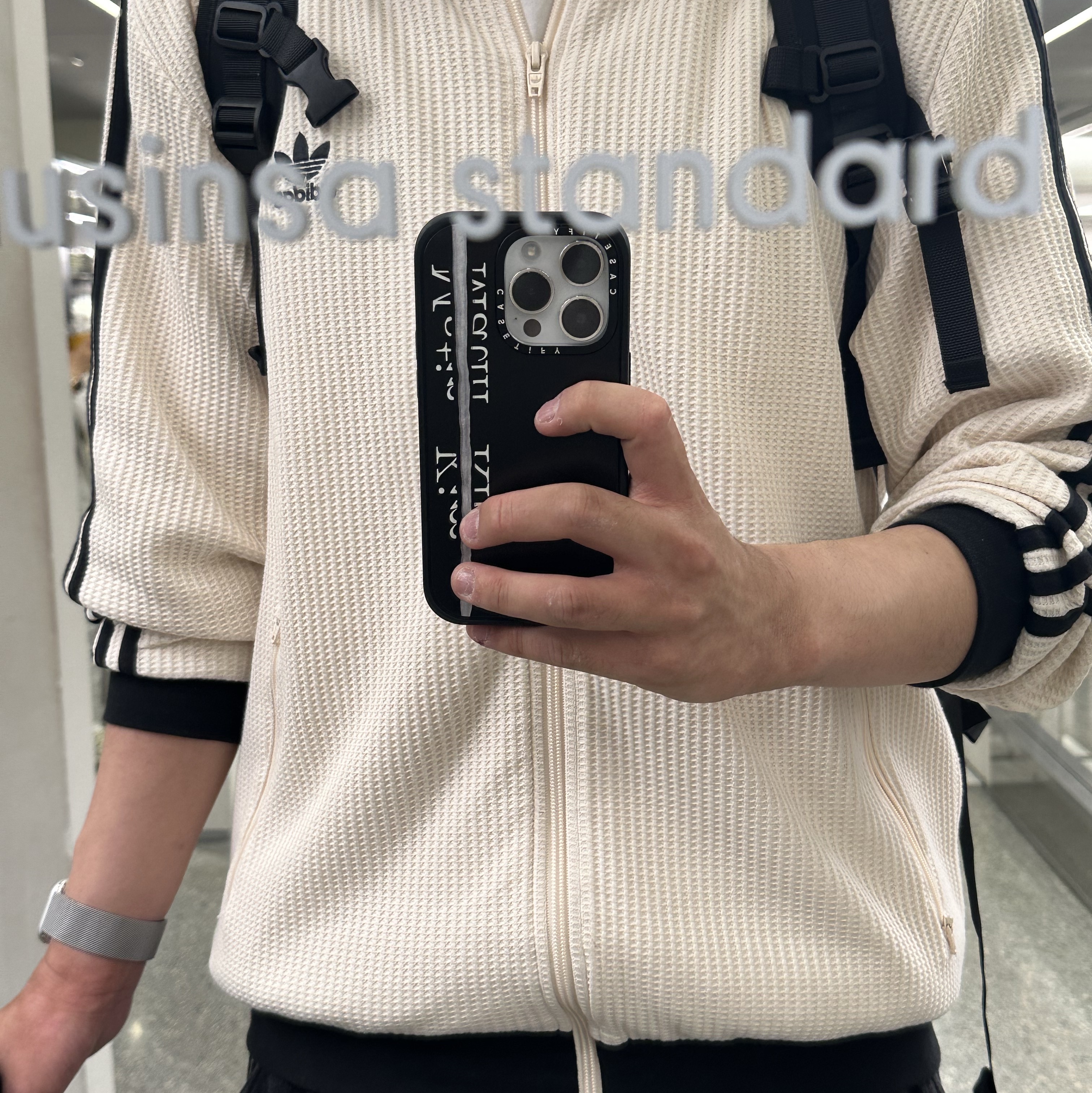 Casetify x Matin Kim iPhone Black Logo Magsafe Impact Case Matte Black, Adidas Waffle Beckenbauer Track Top Wonder White - KR Sizing 착용 스타일