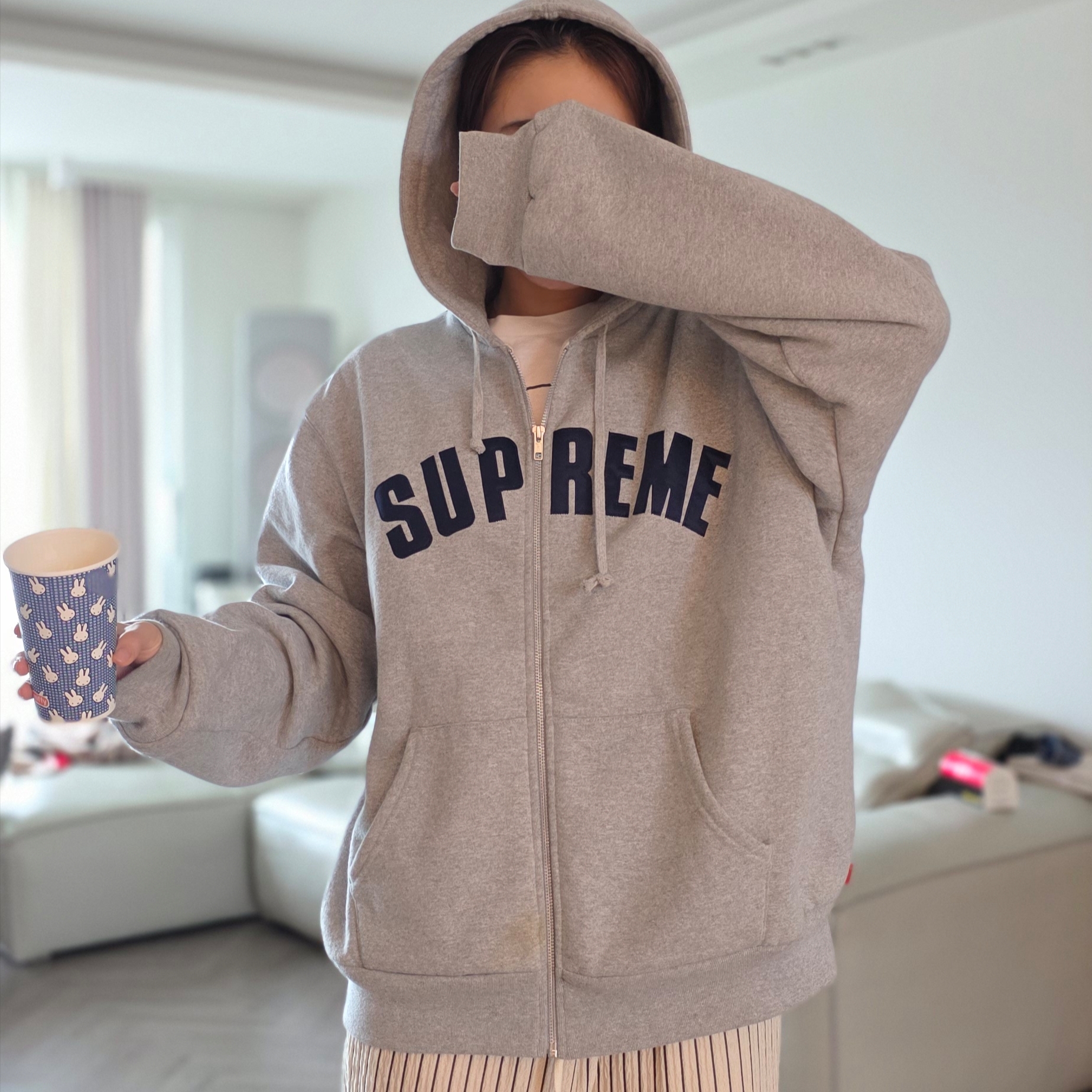Supreme Arc Thermal Lined Zip Up Hooded Sweatshirt Heather Grey - 24FW 착용 스타일