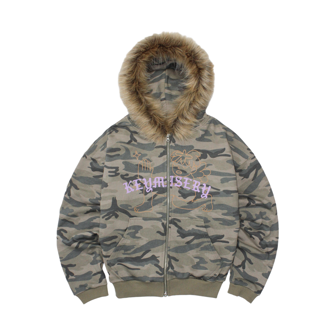 KM25AWHZ07-CMO Keymisery Vintage Spray Fur Angel Hood Zip-Up - Camo