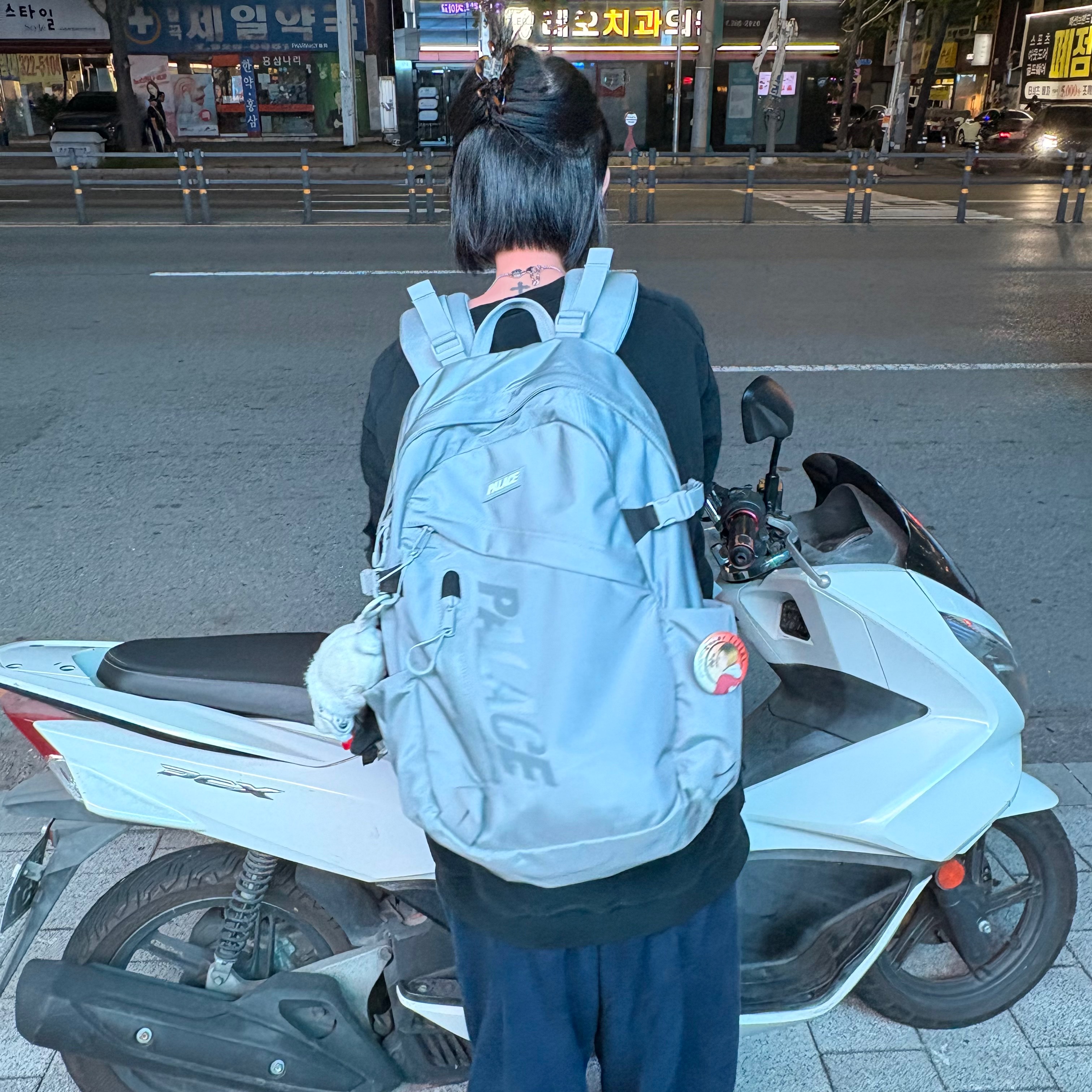 Palace Cordura RS Backpack Ghost Gray - 24FW, Stone Island 6100060 Organic Cotton Fleece Regular Fit Crewneck Sweatshirt with Elasticated Cuffs  - 25FW 착용 스타일 - 3