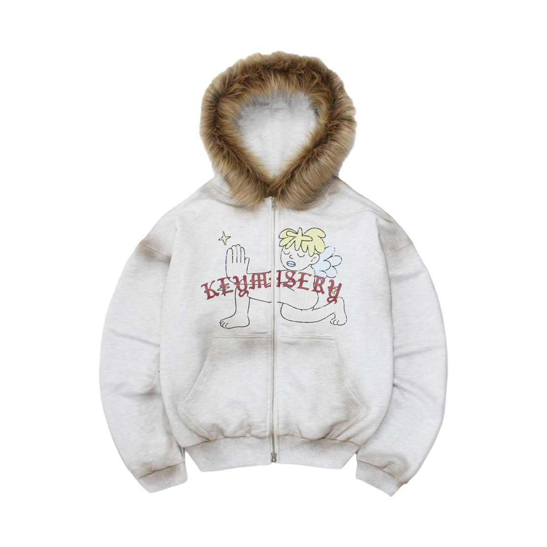 KM25AWHZ07-LGR Keymisery Vintage Spray Fur Angel Hood Zip-Up - Light Gray