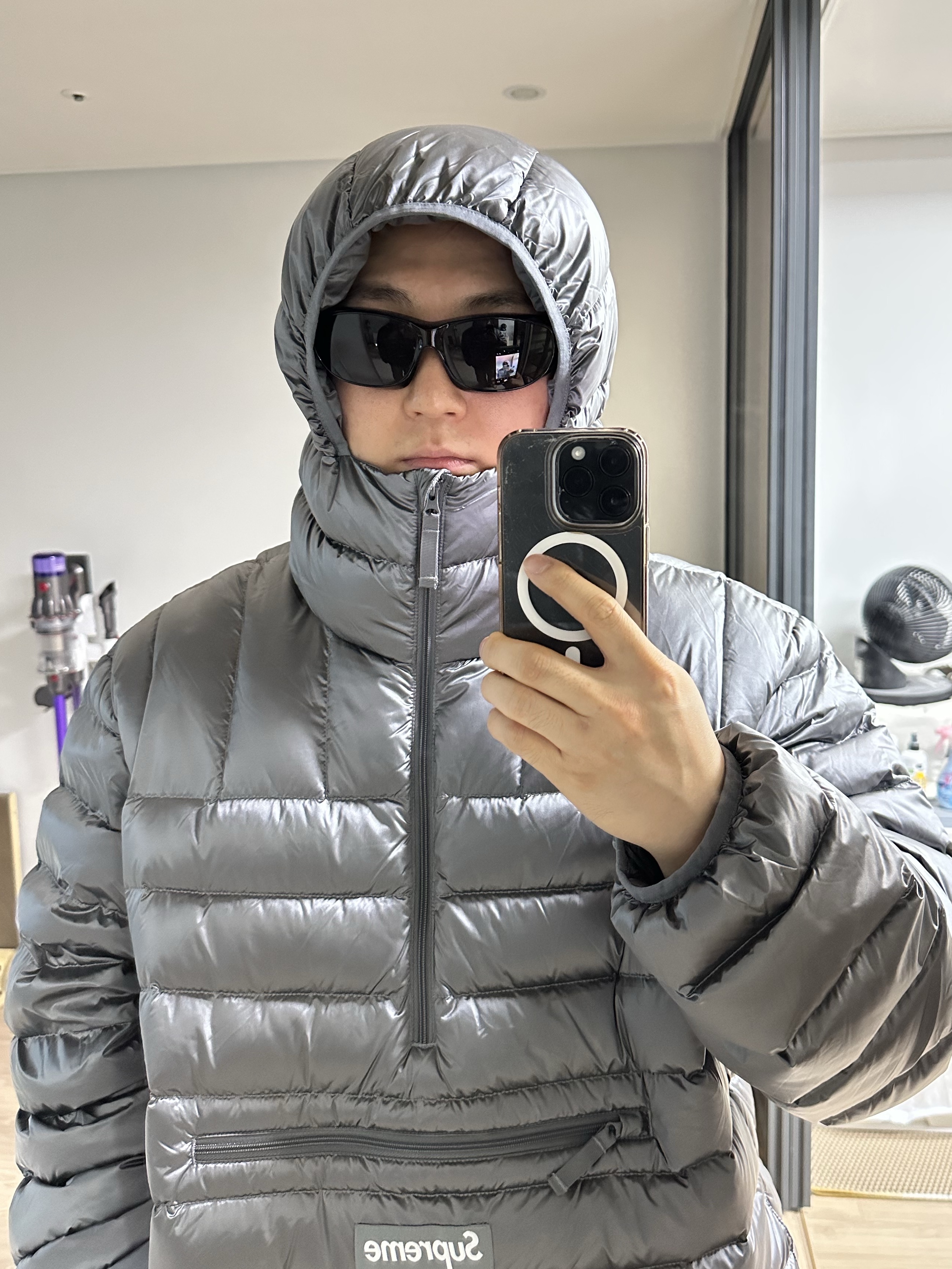 Supreme Micro Down Half Zip Hooded Pullover Silver - 25FW 착용 스타일 - 1